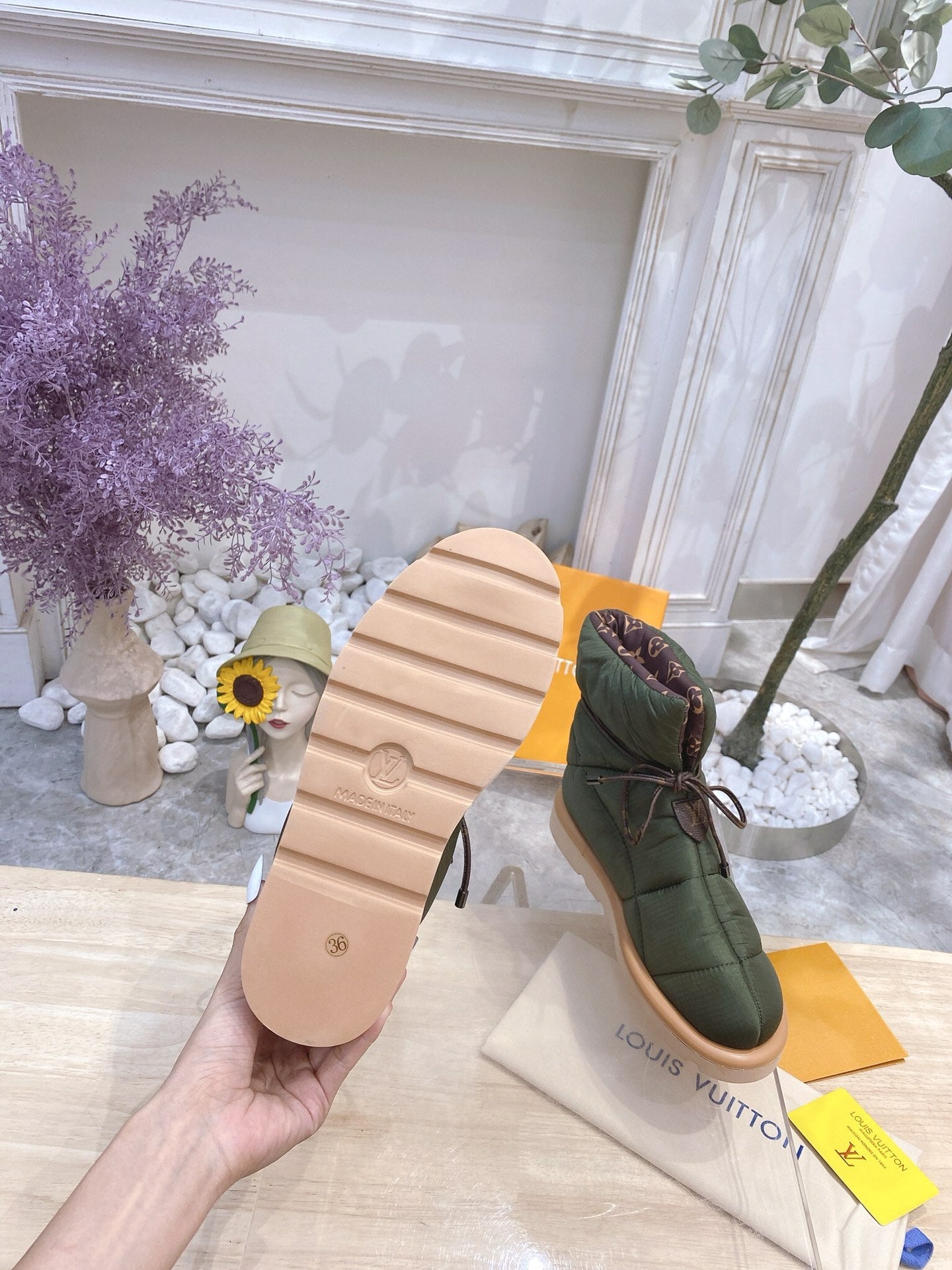 LOUIS VUITTON PILLOW COMFORT ANKLE BOOTS IN ARMY GREEN NYLON