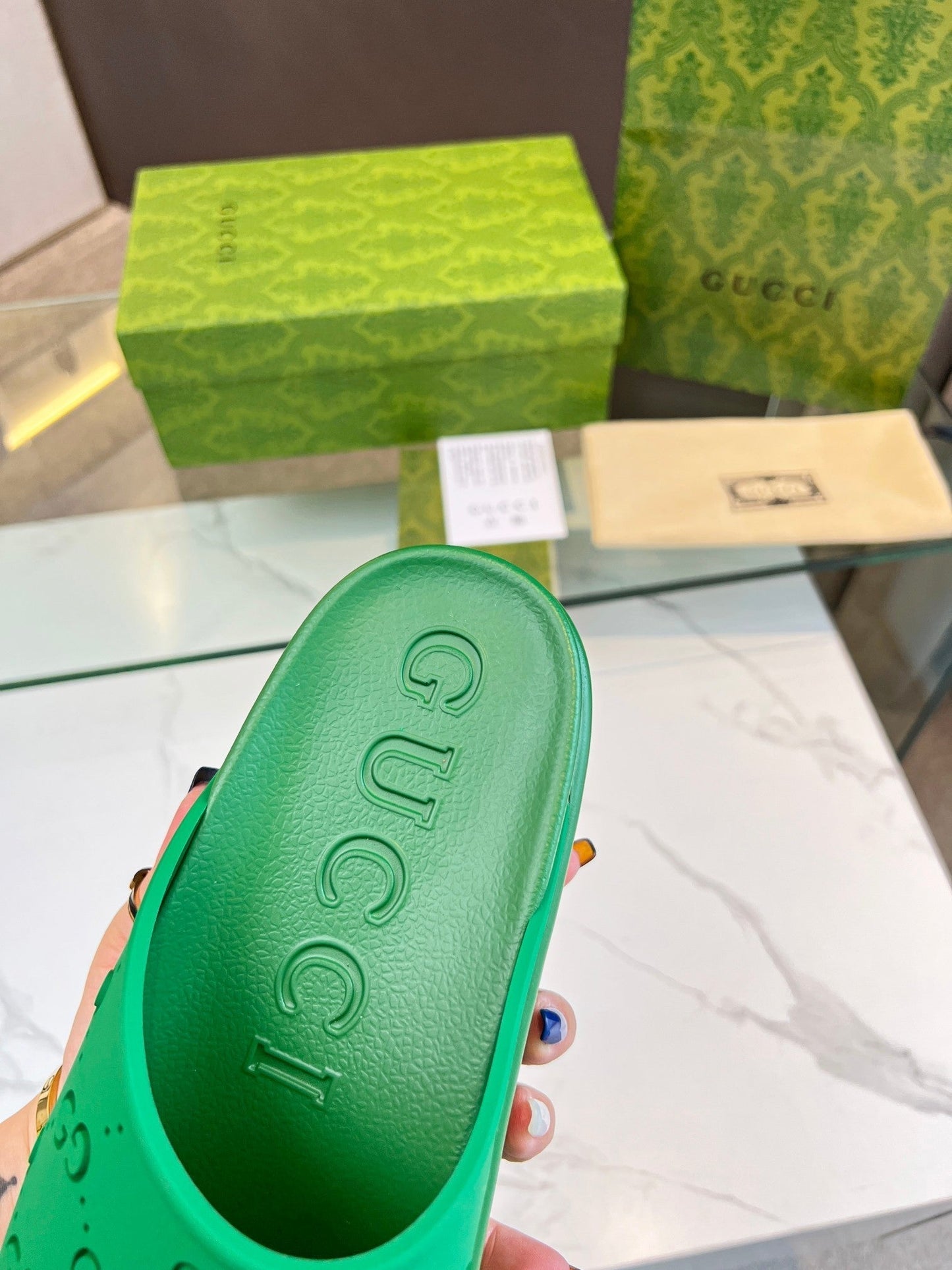 GUCCI PLATFORM SANDALS IN EMERALD GREEN MONOGRAM IMPORTED TPU