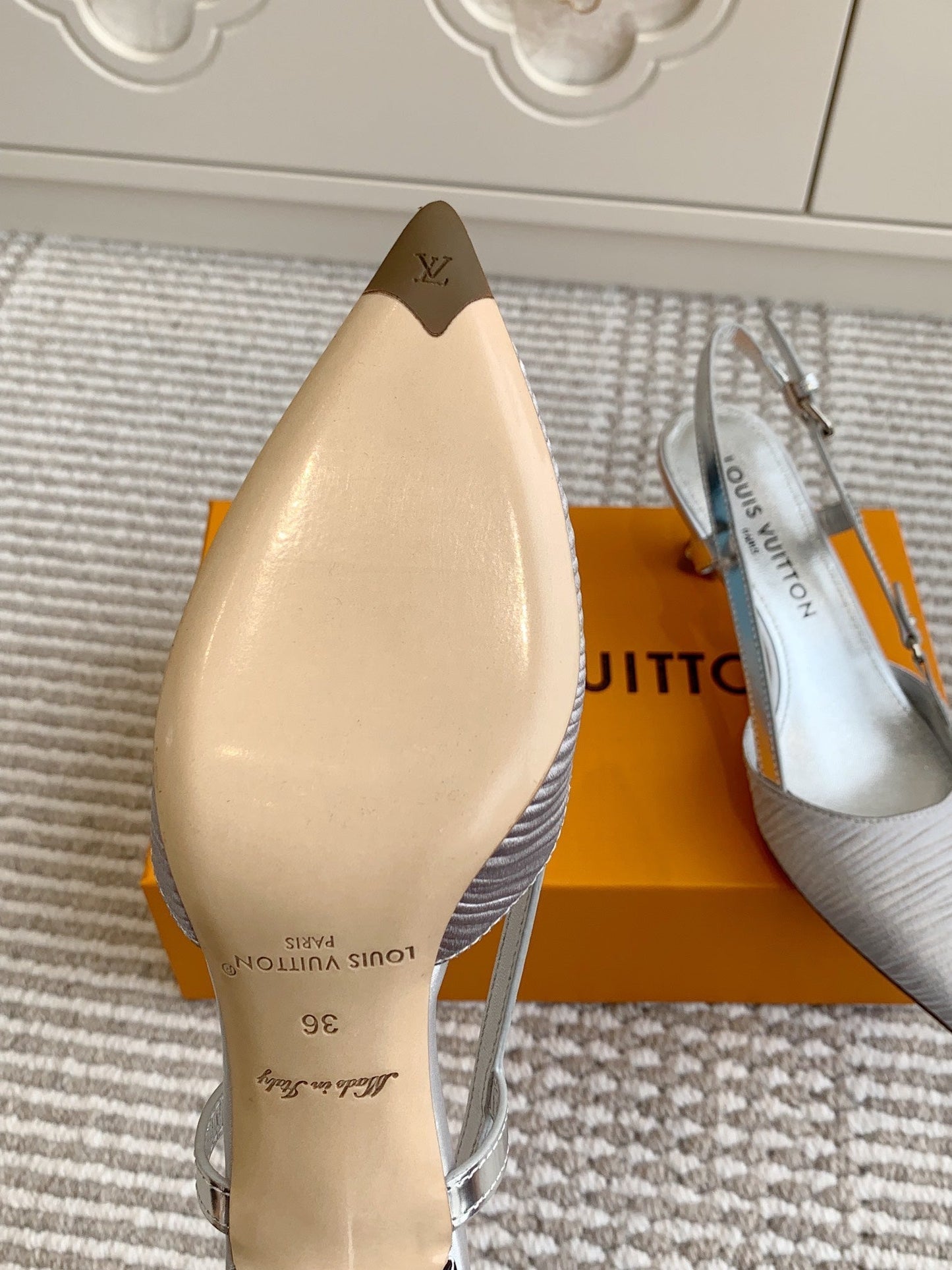 LOUIS VUITTON BLOSSOM SLINGBACKS 55 MM IN SILVER IMPORTED STRIPED SILK SATIN
