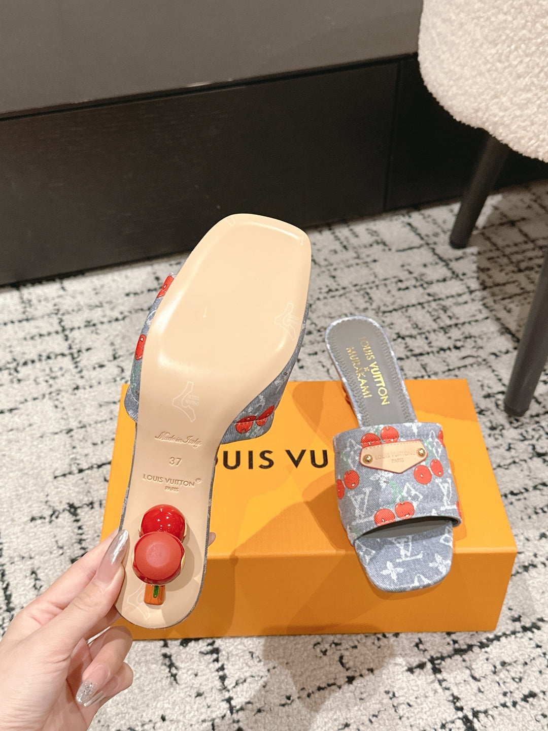 LOUIS VUITTON LV CHERRY HIGH HEELS 25S 55 MM IN GREY DENIM STYLE 7