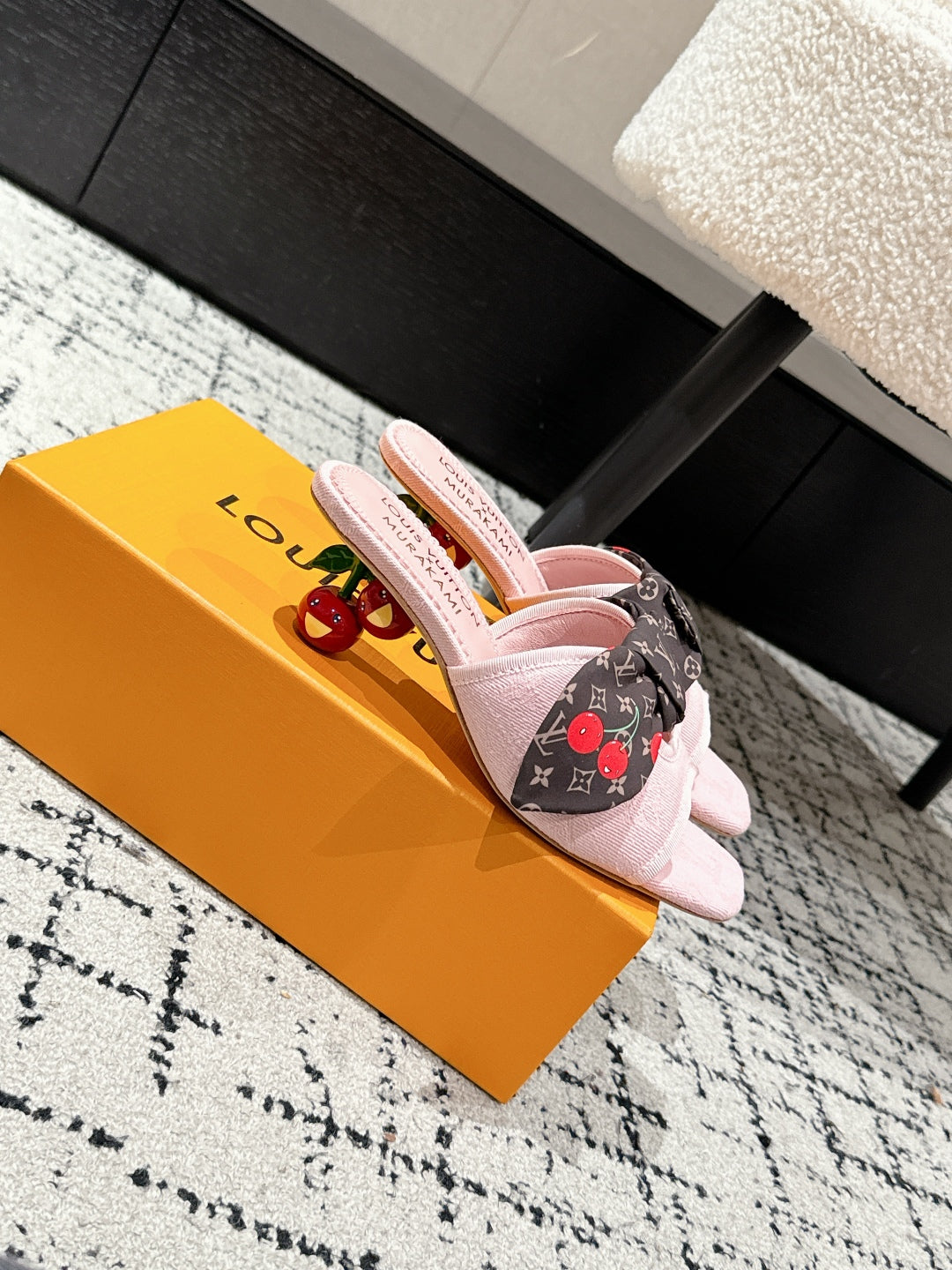 LOUIS VUITTON LV CHERRY HIGH HEELS 25S IN LIGHT PINK DENIM WITH BOW STYLE 6