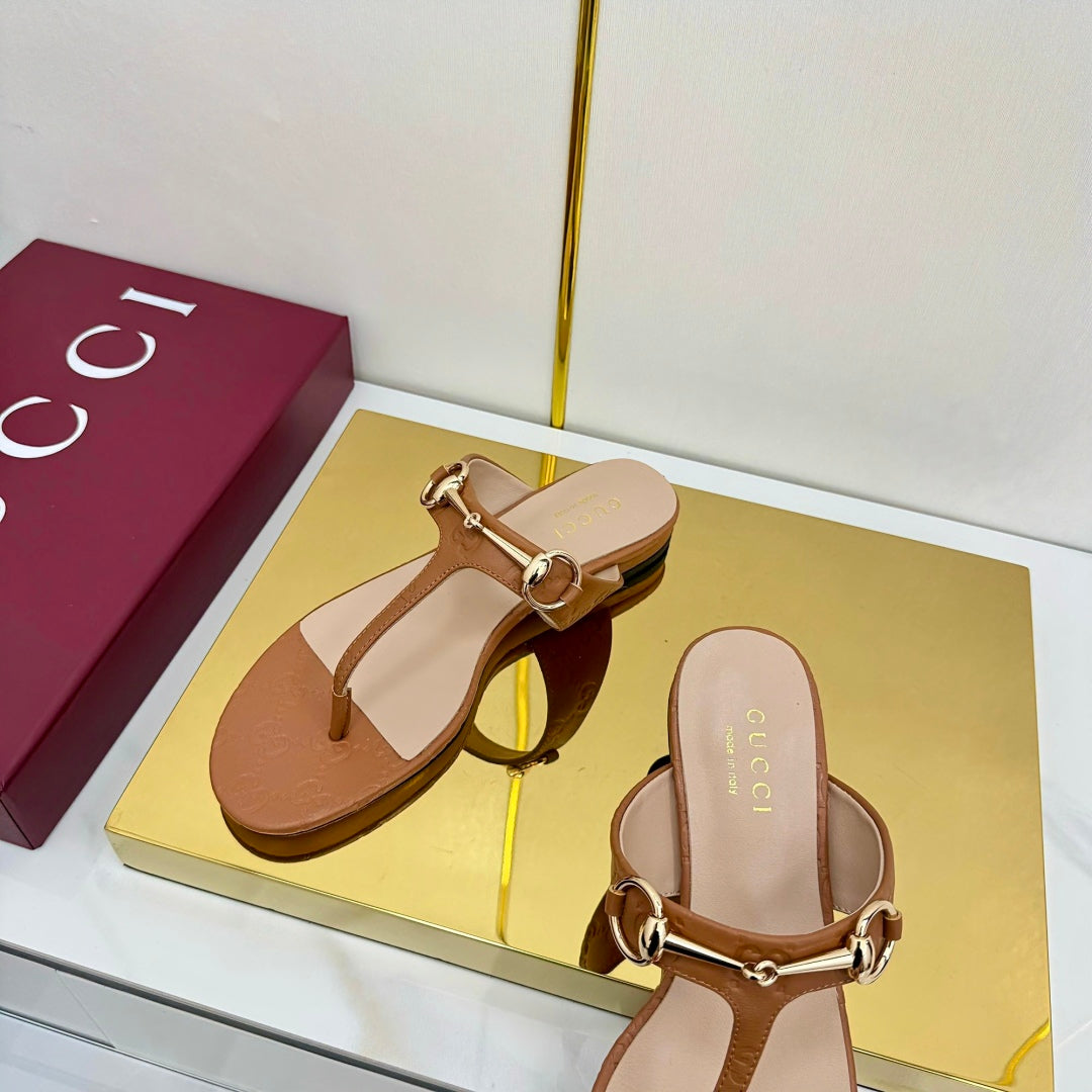 GUCCI THONG SANDALS 25S IN BROWN LAMBSKIN WITH GOLD HARDWARE