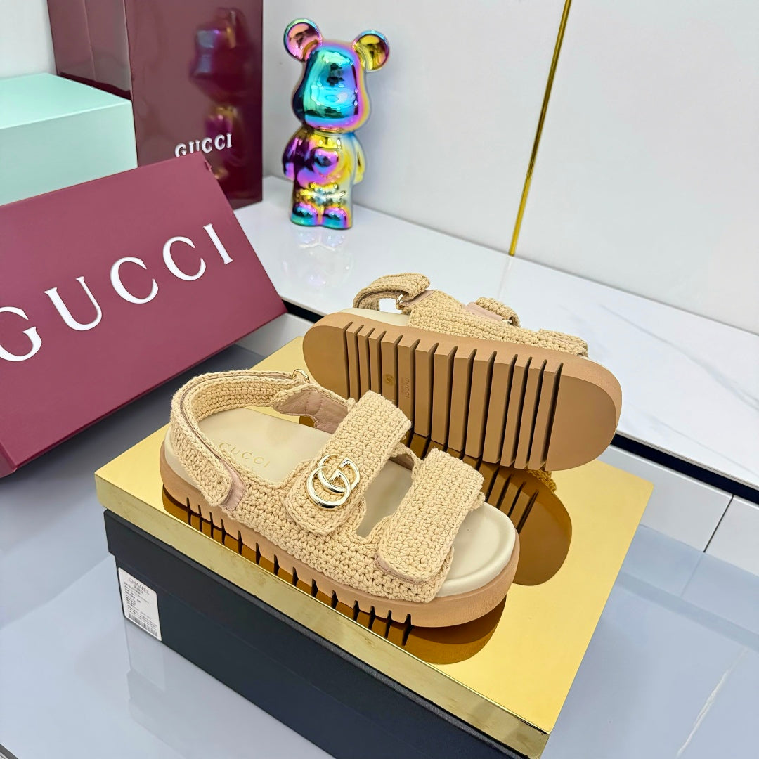 GUCCI SANDALS 25S IN NATURAL STRAW CROCHET COTTON FABRIC