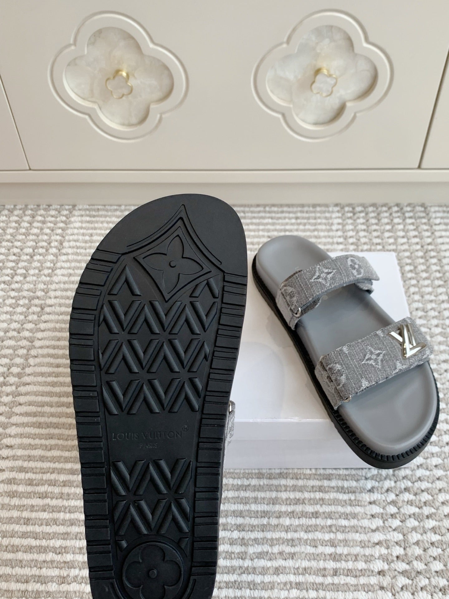 LOUIS VUITTON LV TWO-STRAP SANDALS 25S IN GREY DENIM AND CALFSKIN WITH SILVER HARDWARE