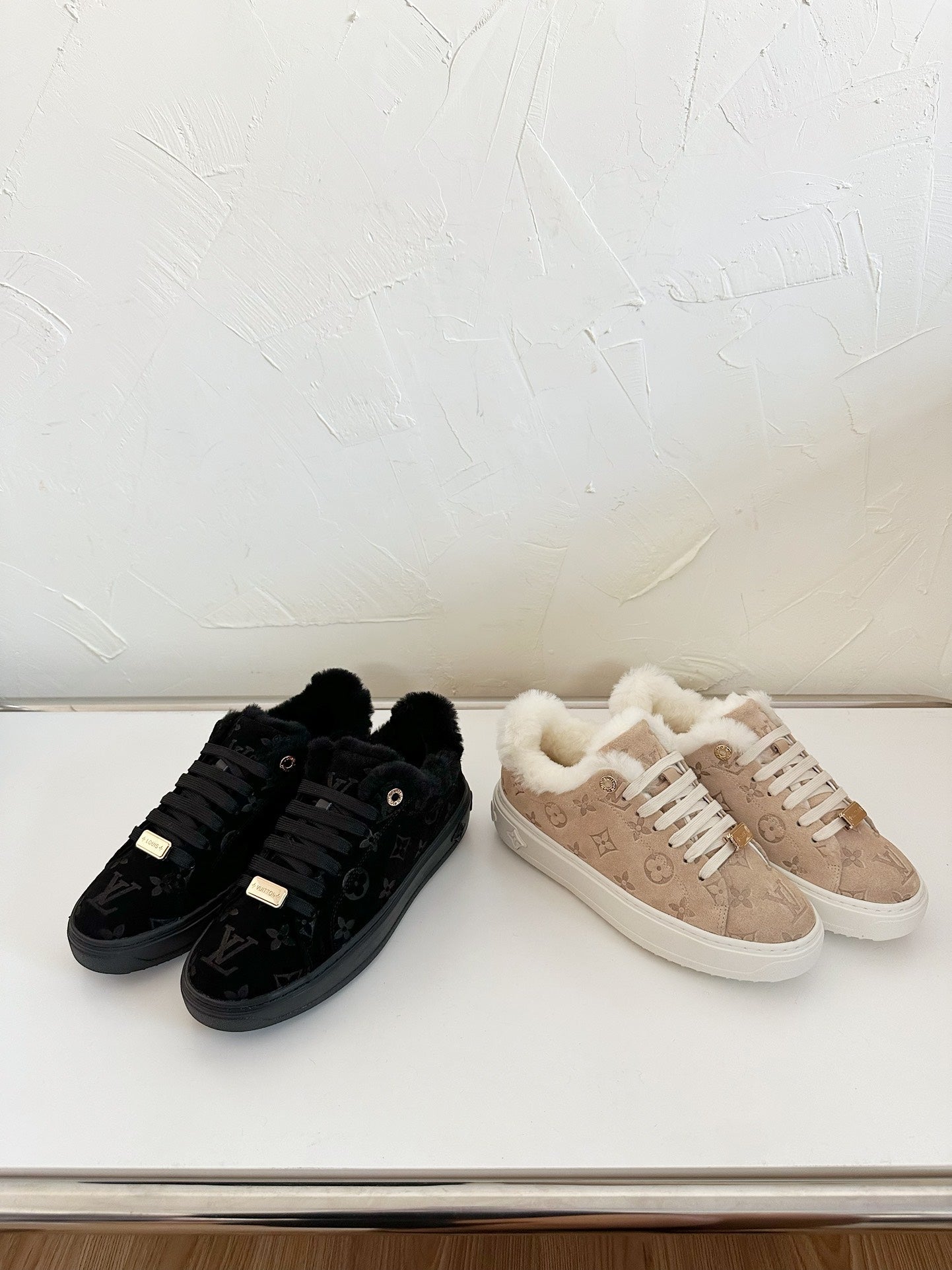 LOUIS VUITTON TIME OUT SNEAKER IN DESERT BROWN MONOGRAM EMBOSSED SUEDE WITH FLEECE LINING