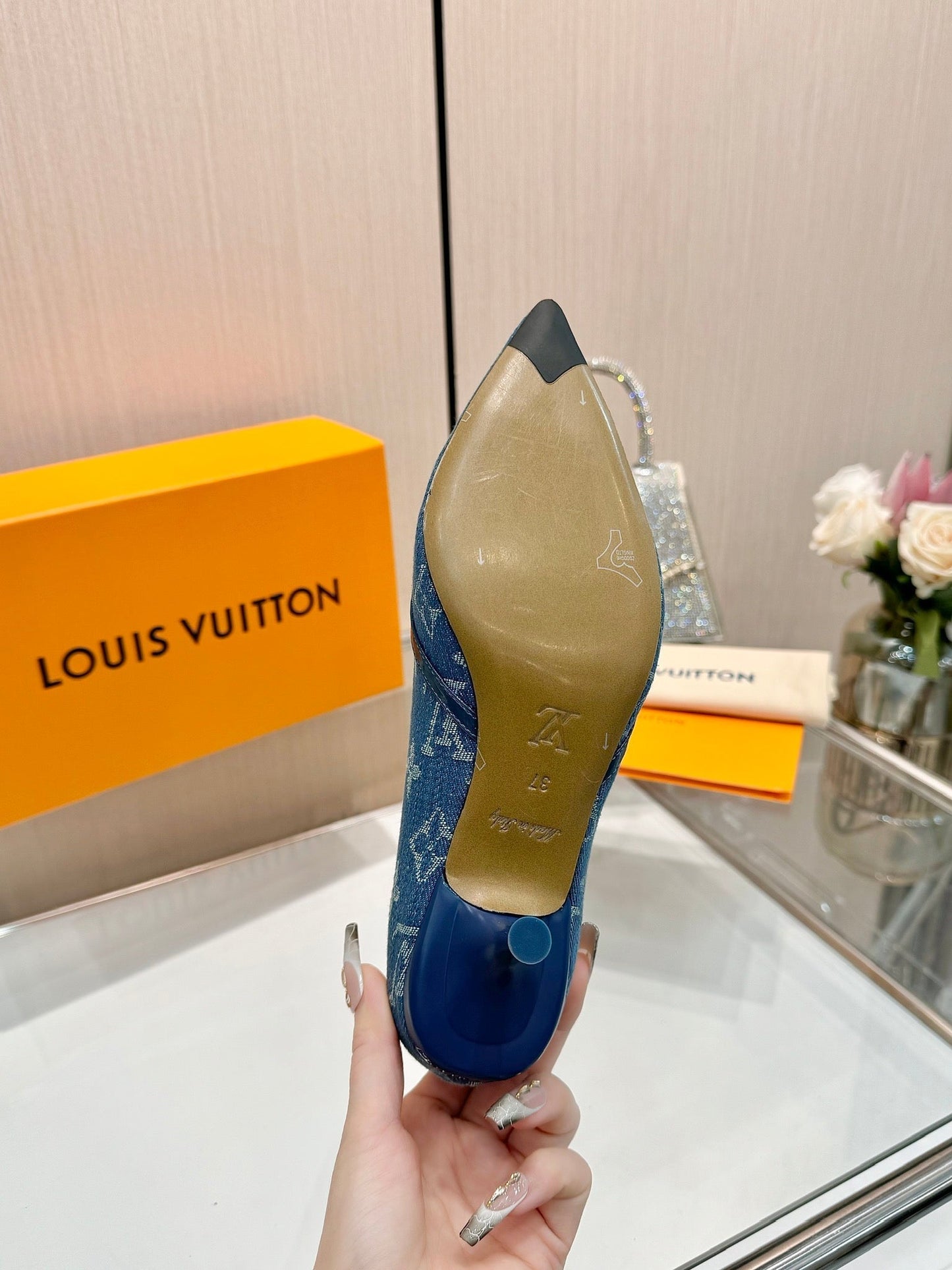 LOUIS VUITTON 6AM HIGH HEELS 55 MM IN CLASSIC BLUE MONOGRAM DENIM