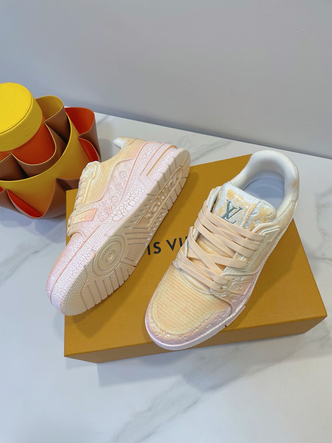 LOUIS VUITTON LV TRAINER MAXI SNEAKER IN LIGHT PINK OMBRE ORANGE EMBOSSED CALFSKIN