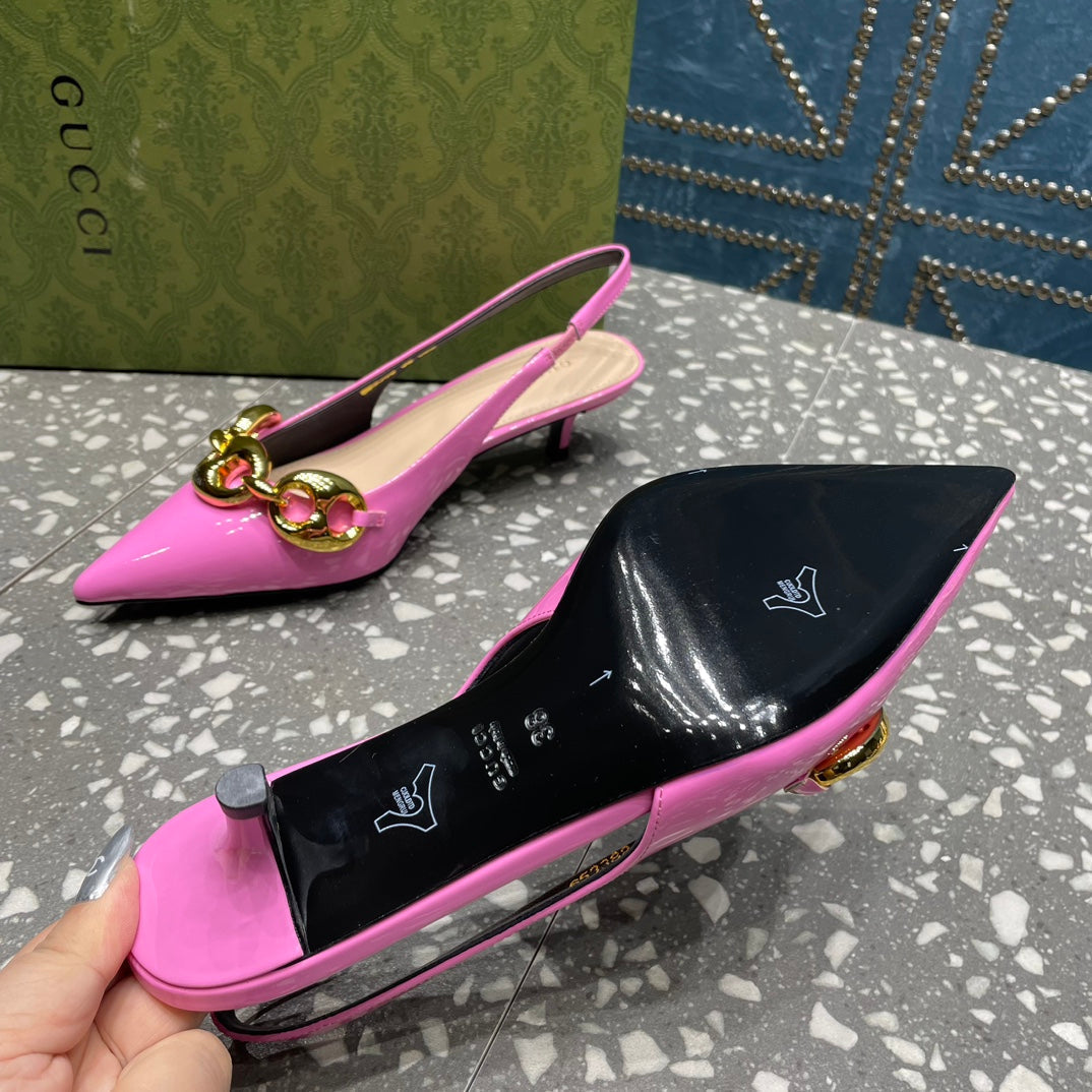 GUCCI WOMEN'S SLINGBACK 45MM IN FUSCIA PINK CALFSKIN WITH GOLD HARDWARE