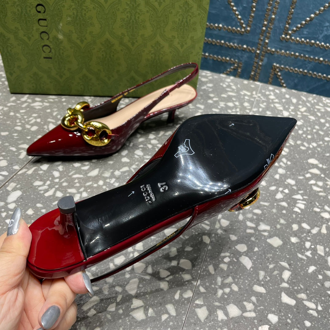 GUCCI WOMEN'S SLINGBACK 45MM IN GARNET RED CALFSKIN WITH GOLD HARDWARE