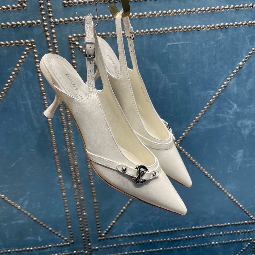 LOUIS VUITTON HIGH HEEL 55 MM SLINGBACKS IN WHITE SHEEPSKIN