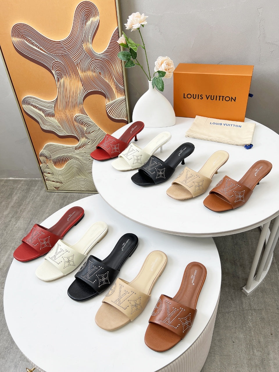 LOUIS VUITTON HIGH MULE IN RUBY RED LAMBSKIN WITH RHINSTONES 55 MM