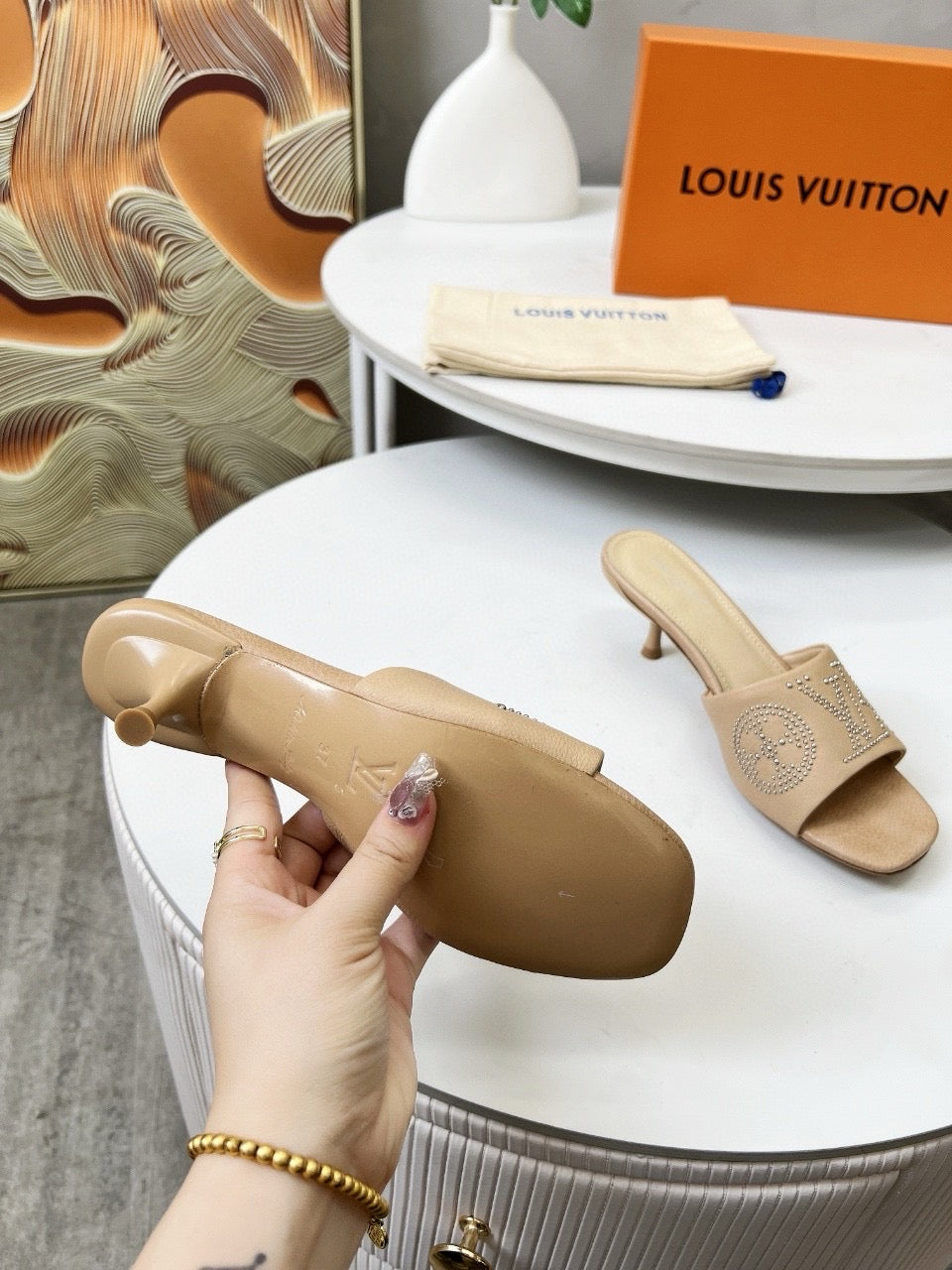 LOUIS VUITTON HIGH MULE IN CAMEL BEIGE LAMBSKIN WITH RHINSTONES 55 MM