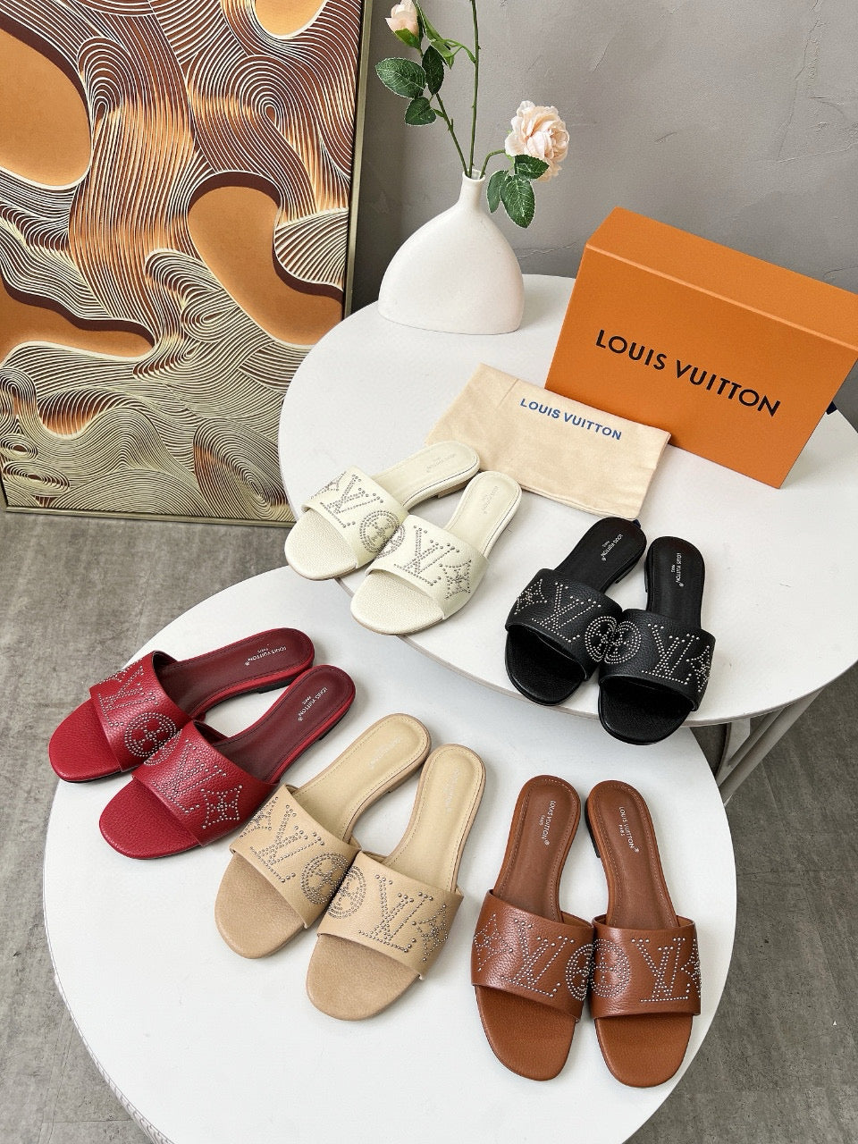 LOUIS VUITTON FLAT SLIDE IN BLACK LAMBSKIN WITH RHINSTONES