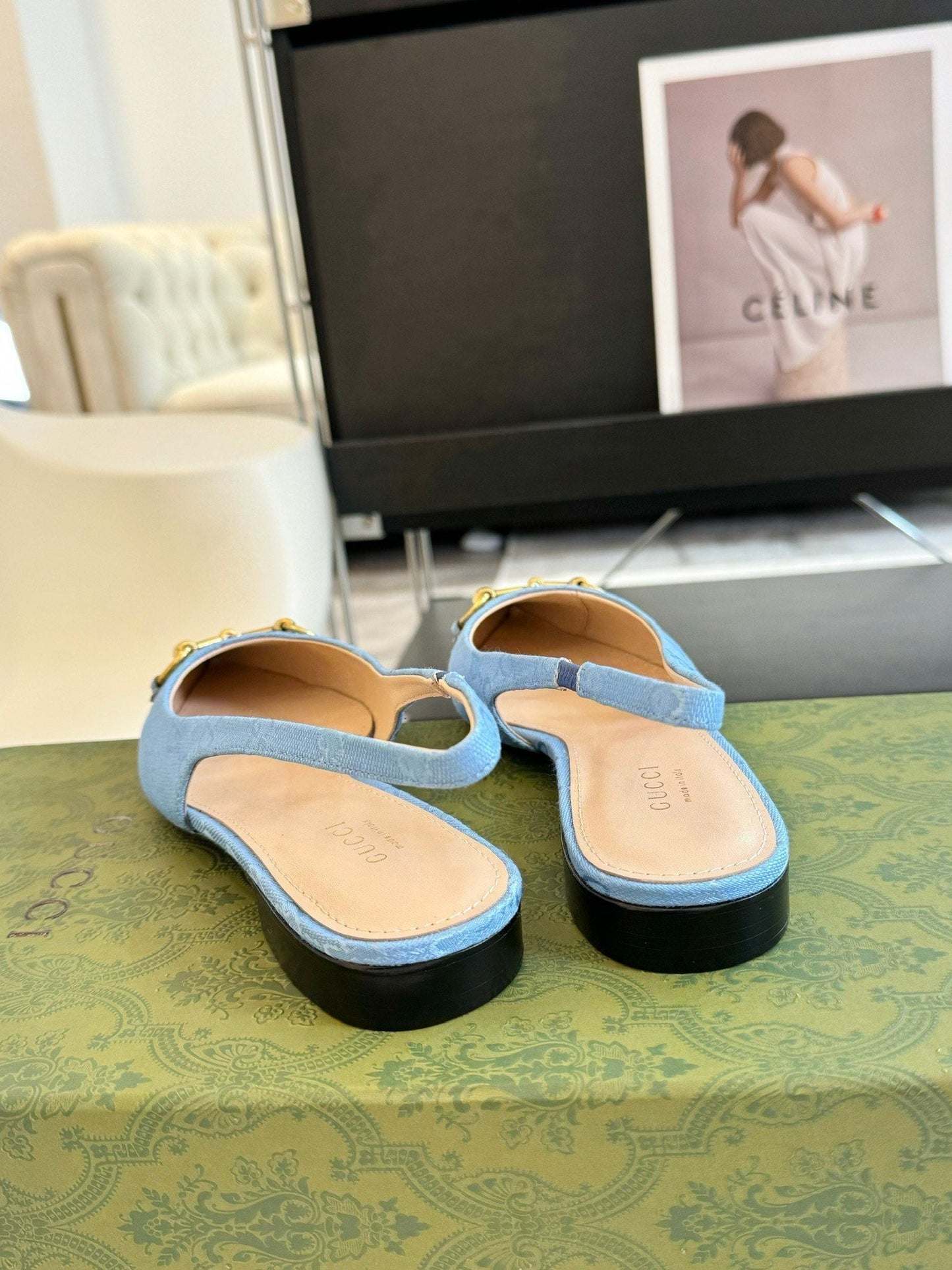 GUCCI HORSEBIT SLINGBACK BALLET FLAT SKY CANVAS