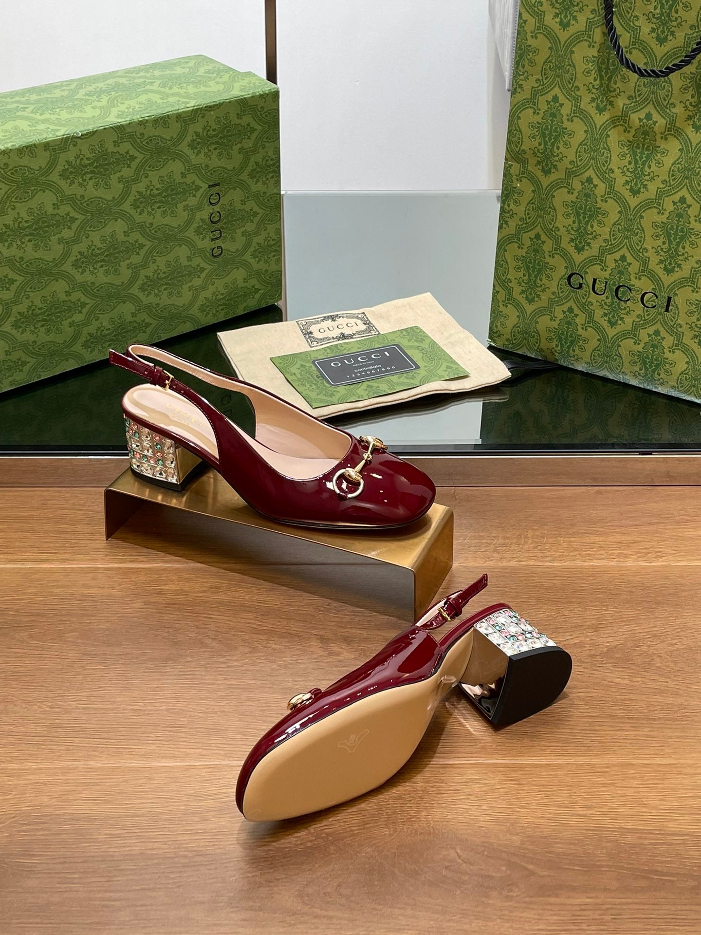 GUCCI WOMEN'S HORSEBIT SLINGBACK 55MM IN WINE RED CALFSKIN WITH RHINSTONES
