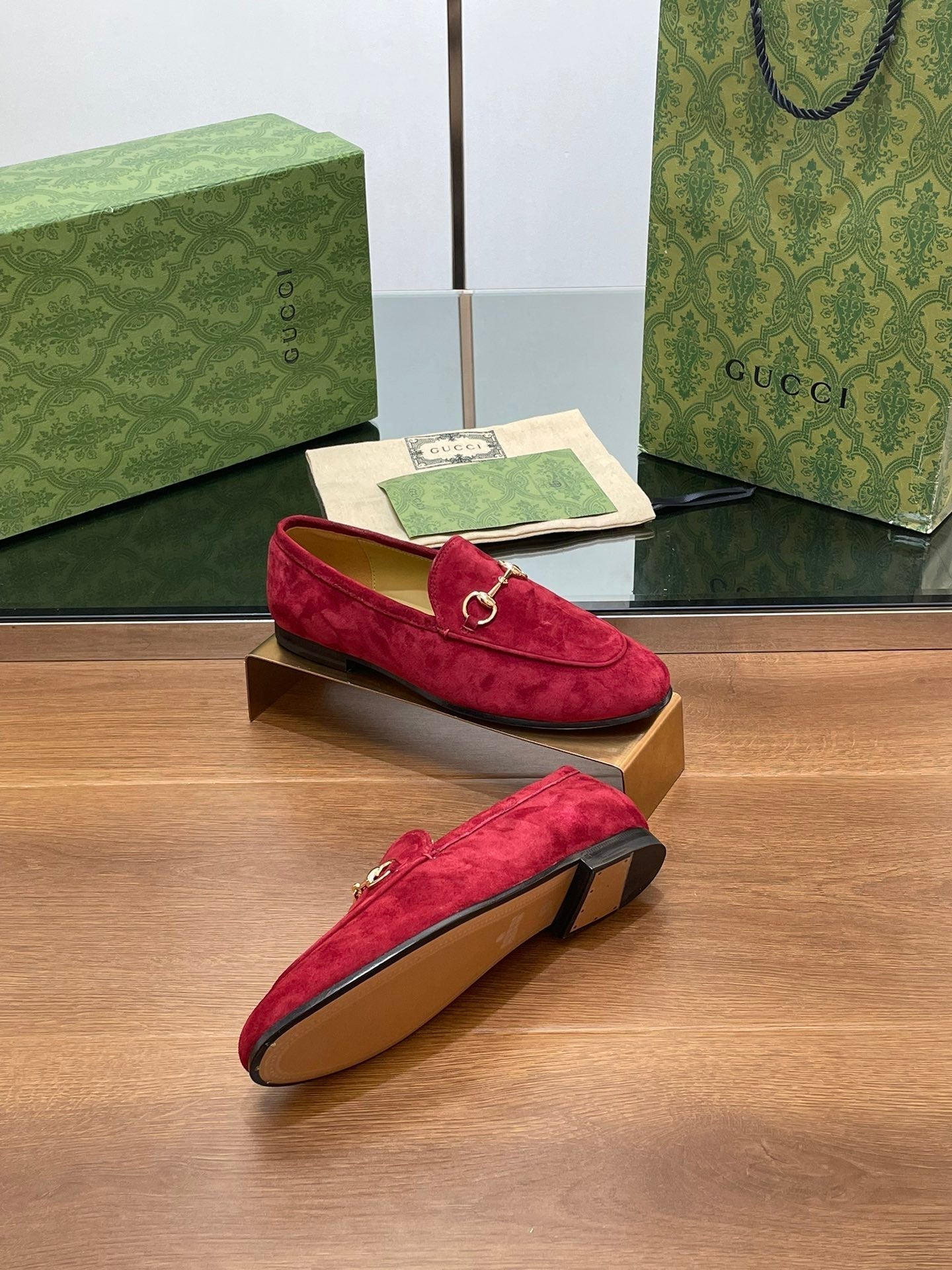 GUCCI HORSEBIT LOAFER IN CHERRY RED SUEDE WITH GOLD HARDWARE