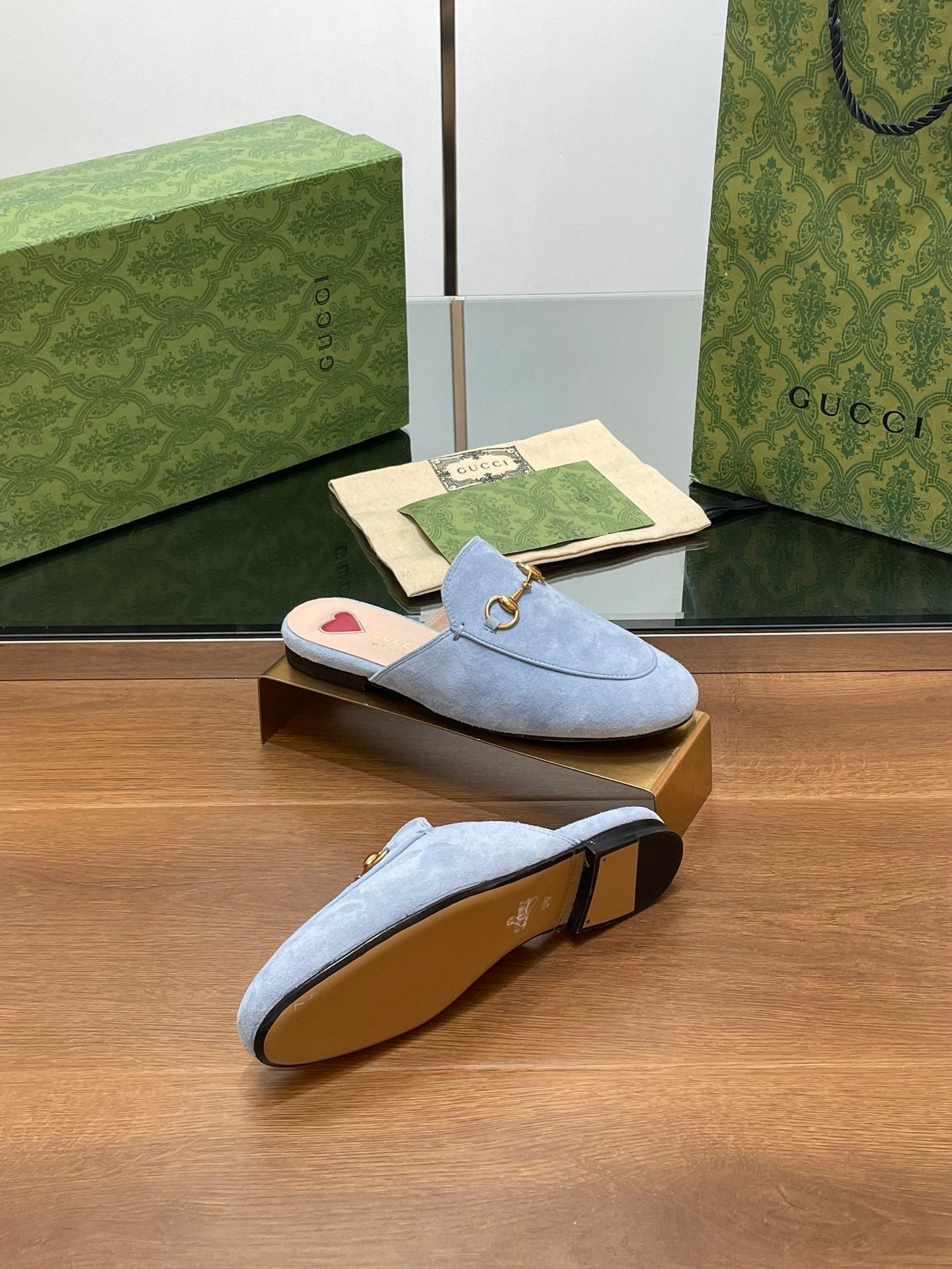 GUCCI HORSEBIT MULE IN LIGHT BLUE SUEDE WITH GOLD HARDWARE