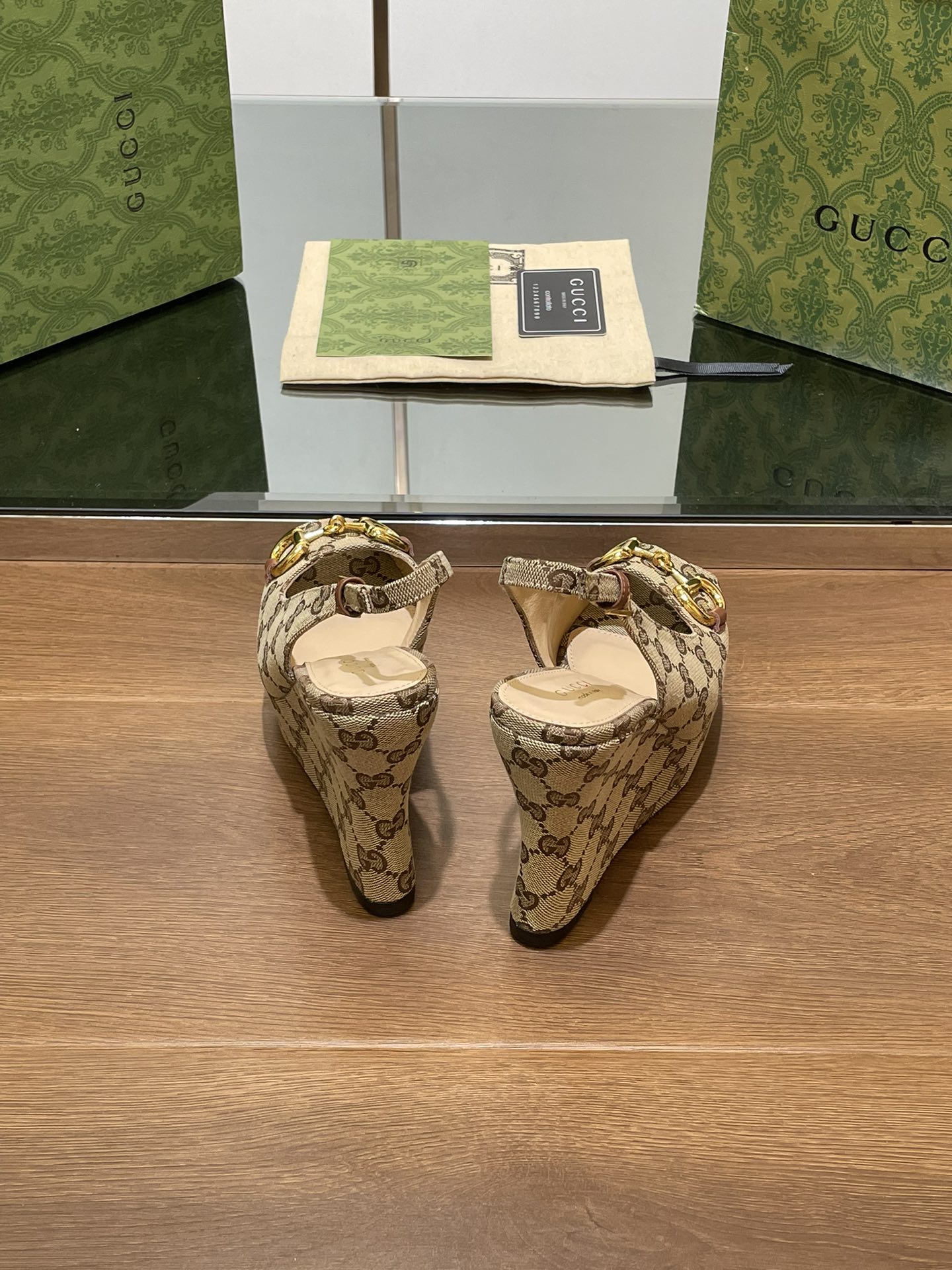 GUCCI WEDGE PLATFORM IN CAMEL BROWN MONOGRAM JACQUARD FABRIC