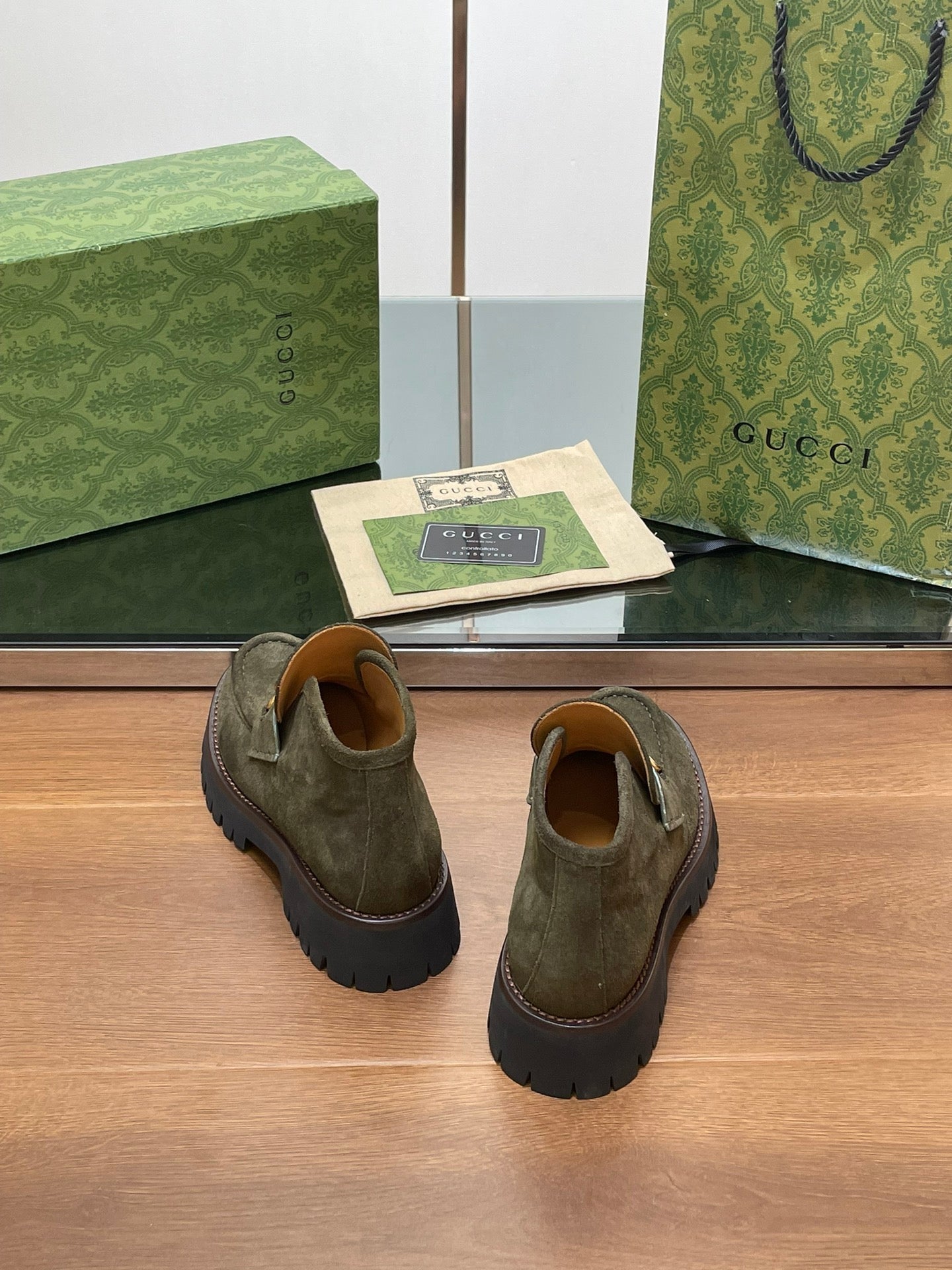 GUCCI WOMEN'S HORSEBIT ANKLE BOOTS 4.5CM IN KHAKI GREEN SUEDE
