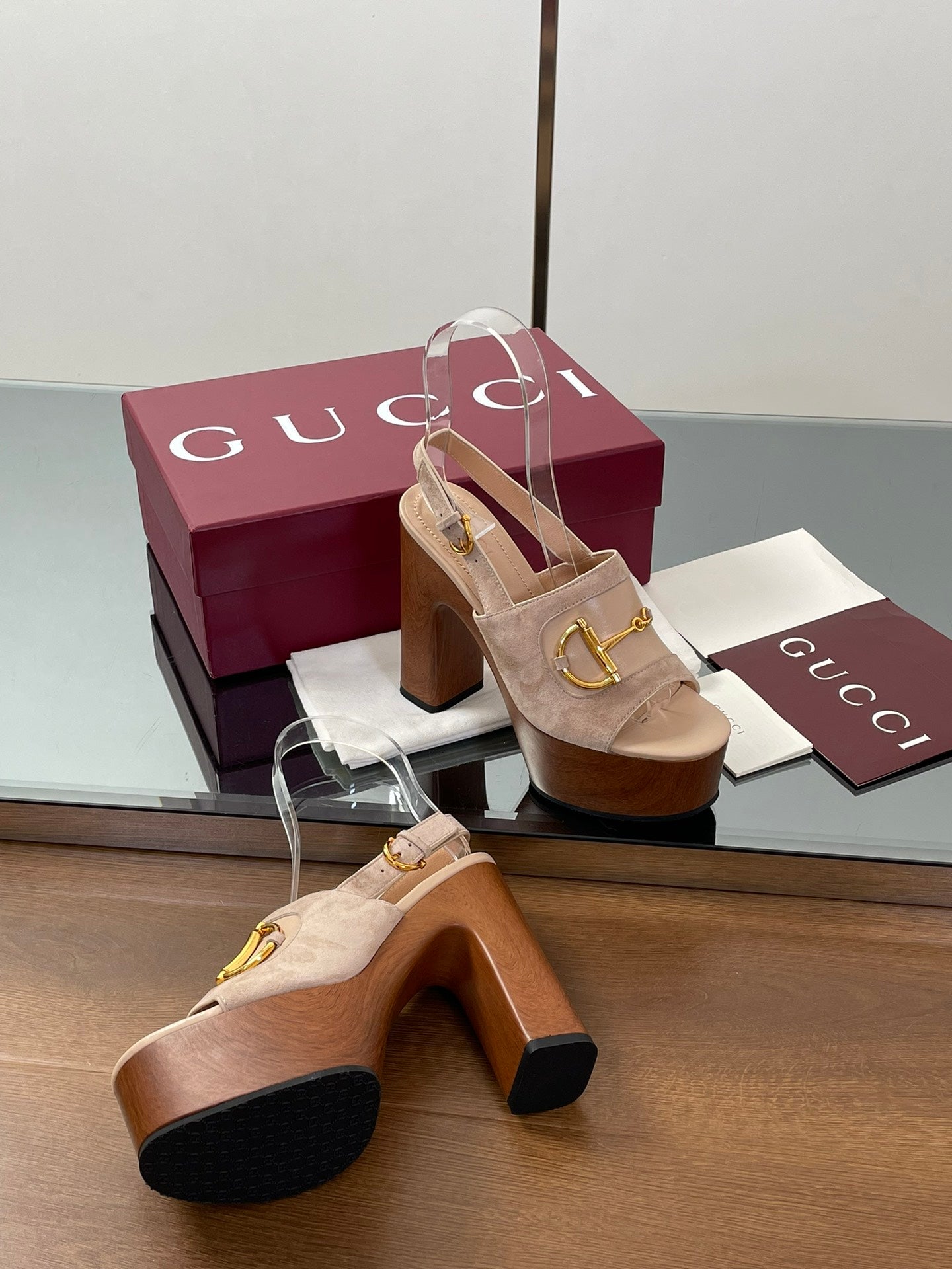 GUCCI HIGH HEEL SANDALS 13 CM IN BEIGE CALFSKIN MIX SUEDUE GOLD HARDWARE