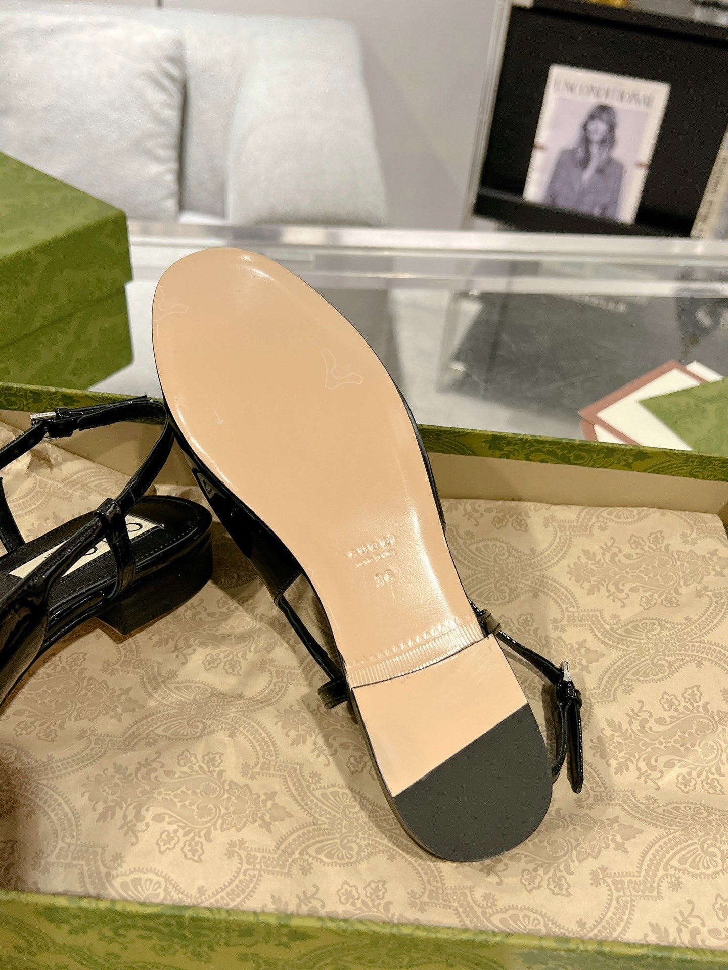 GUCCI CRYSTALS SLINGBACK BALLET BLACK CALFSKIN