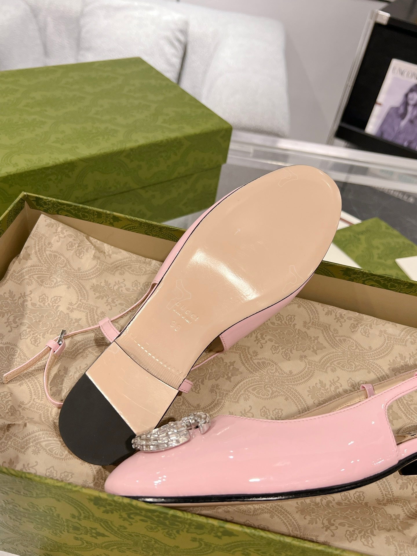 GUCCI CRYSTALS SLINGBACK BALLET LIGHT PINK CALFSKIN