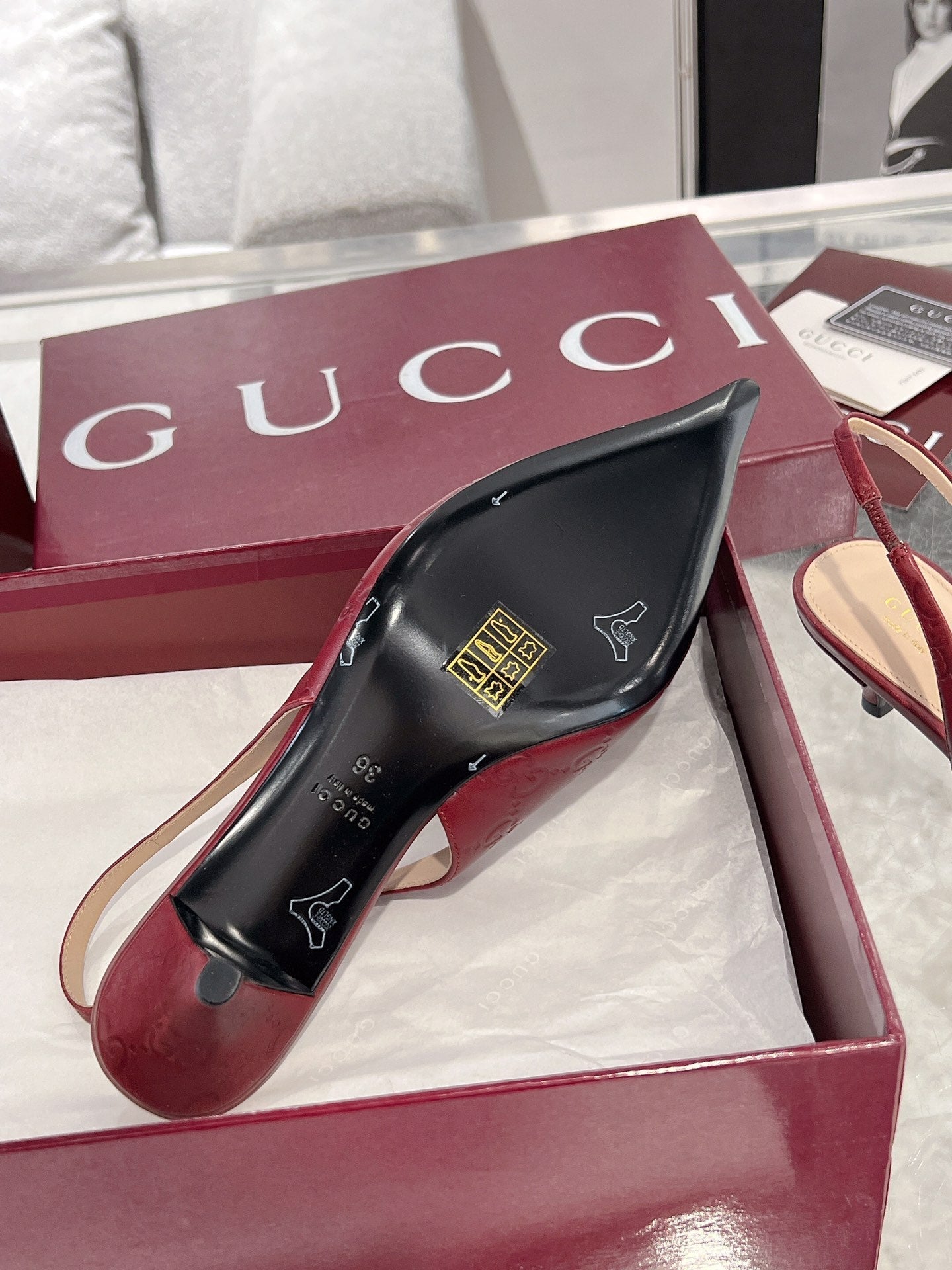 GUCCI MID-HIGH SLINGBACK 4.5 CM IN WINE RED GLOSSY EMBOSSED SUEDE AND SHEEPSKIN LINING