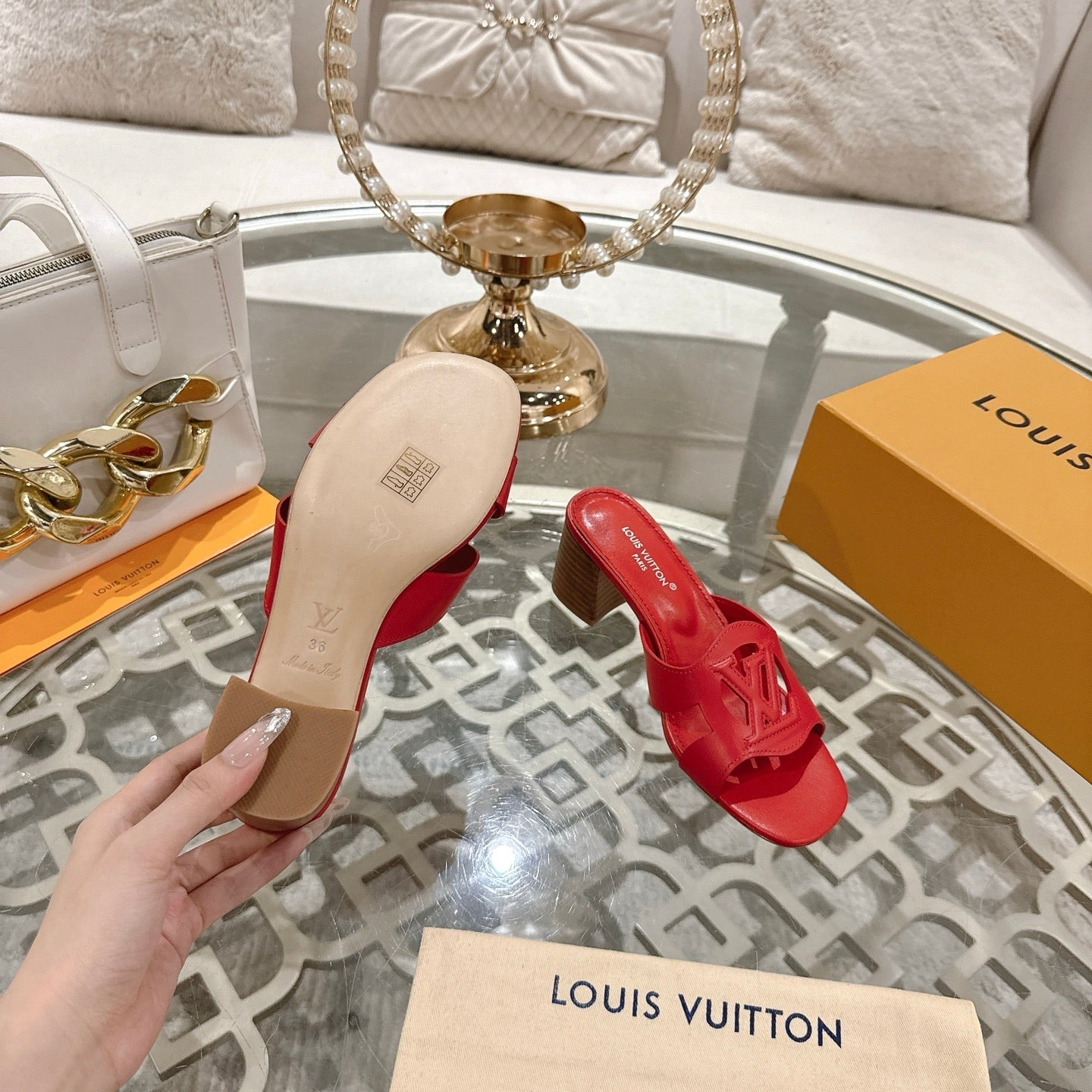 LOUIS VUITTON ISOLA HIGH 55 MM MULE IN CHERRY RED CALFSKIN