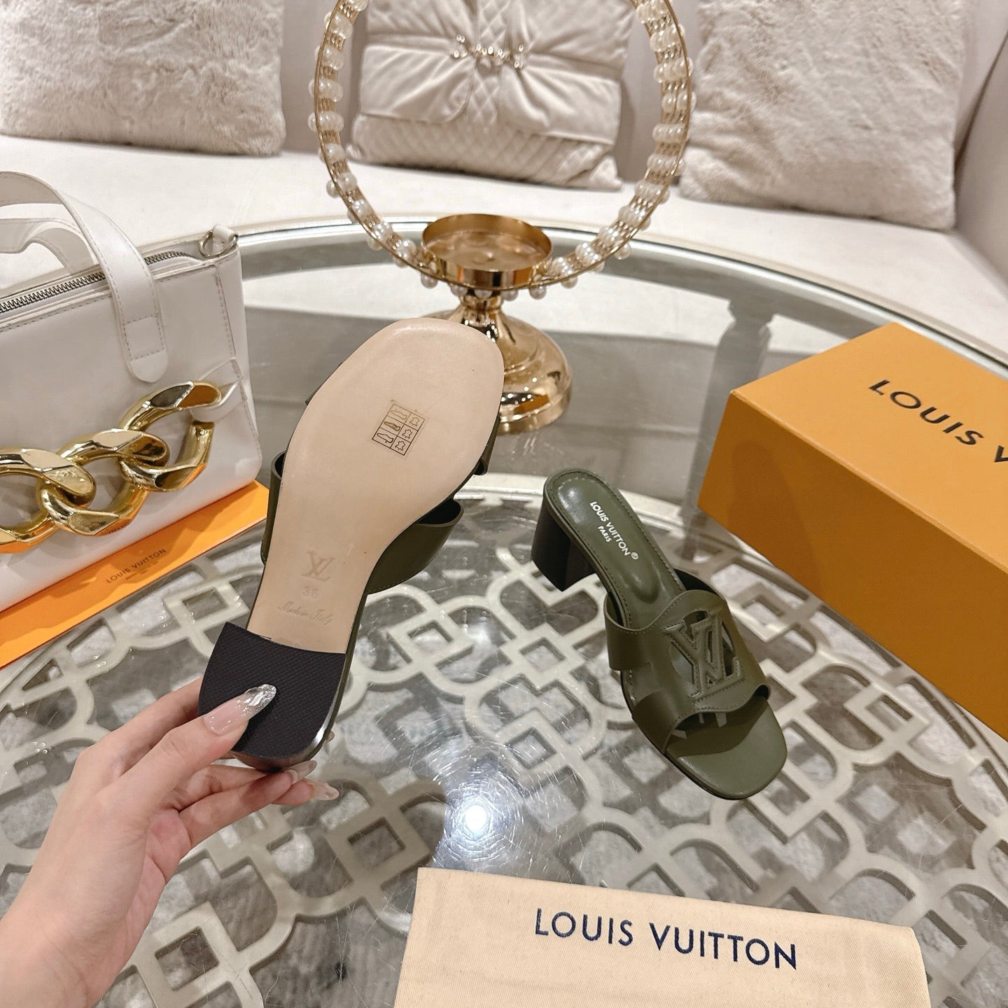LOUIS VUITTON ISOLA HIGH 55 MM MULE IN ARMY GREEN CALFSKIN