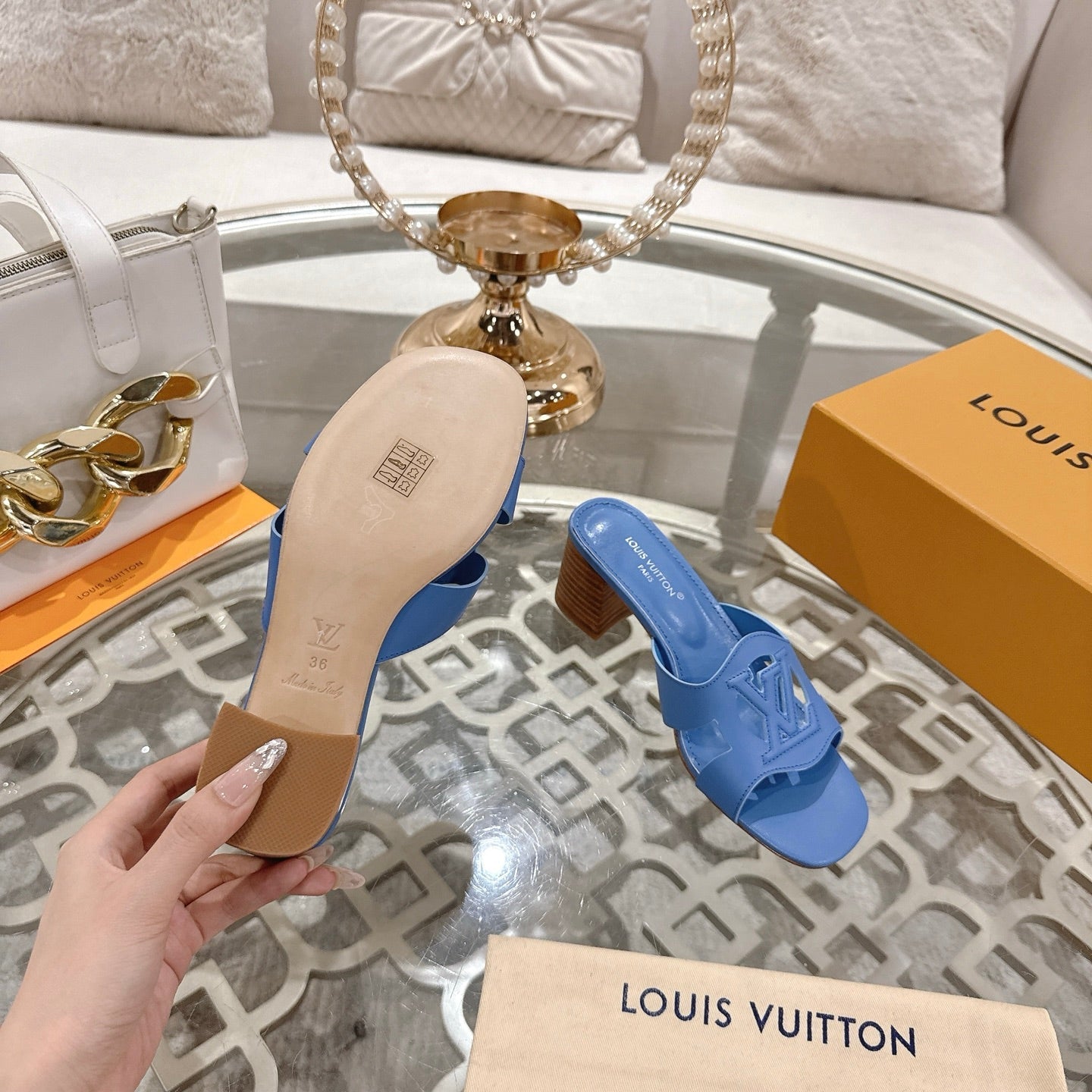 LOUIS VUITTON ISOLA HIGH 55 MM MULE IN CORNFLOWER BLUE CALFSKIN