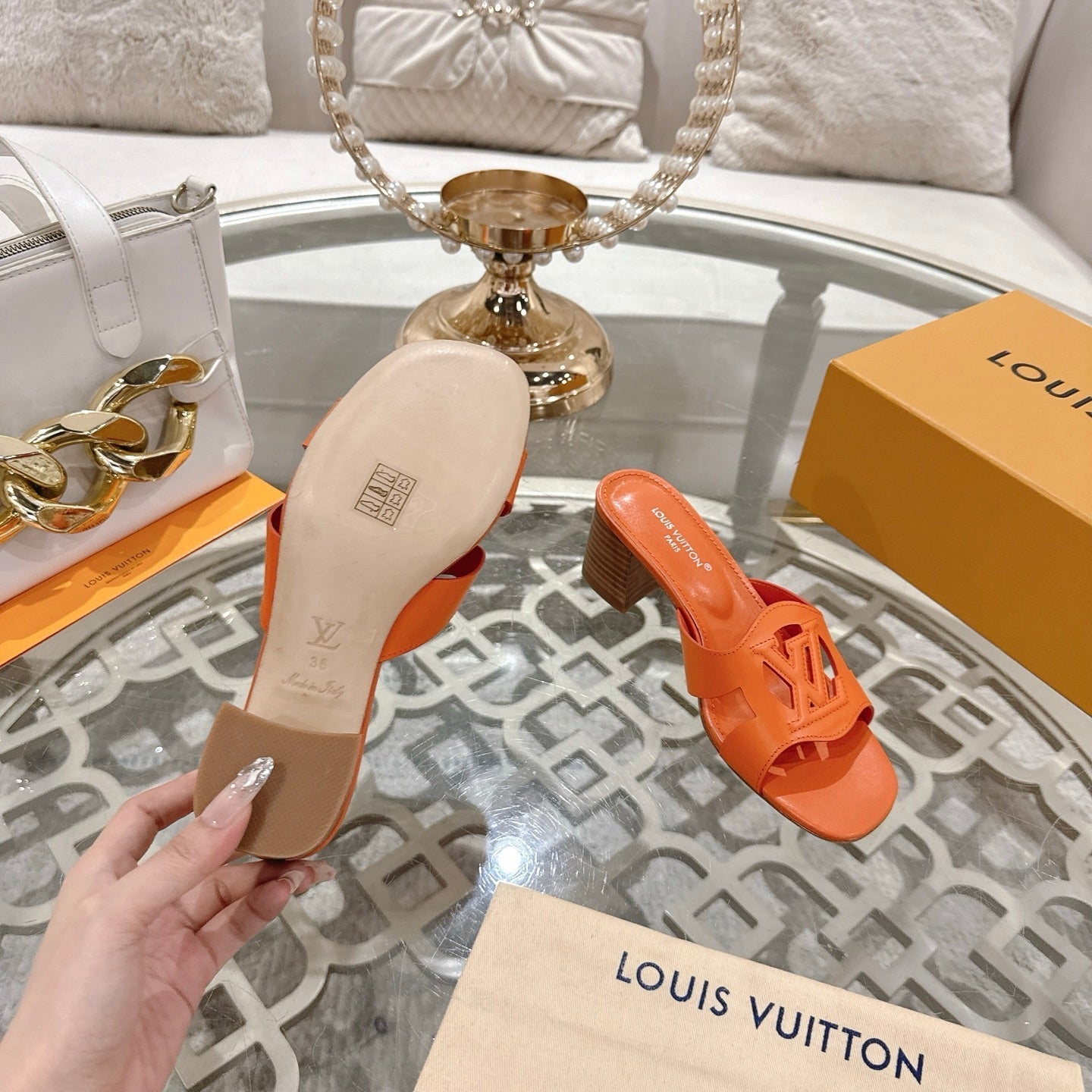 LOUIS VUITTON ISOLA HIGH 55 MM MULE IN VIVID ORANGE CALFSKIN