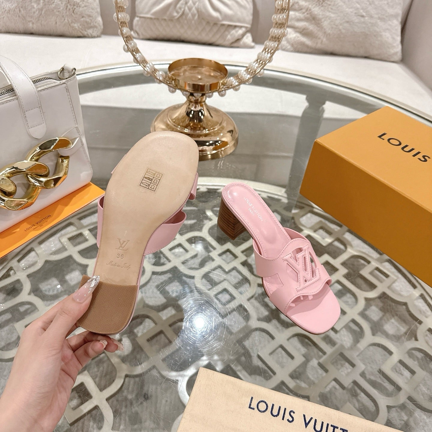 LOUIS VUITTON ISOLA HIGH 55 MM MULE IN PASTEL PINK CALFSKIN