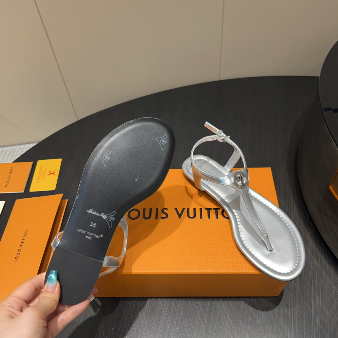 LOUIS VUITTON LV THONG SANDALS 25S IN SILVER CALFSKIN WITH SILVER HARDWARE