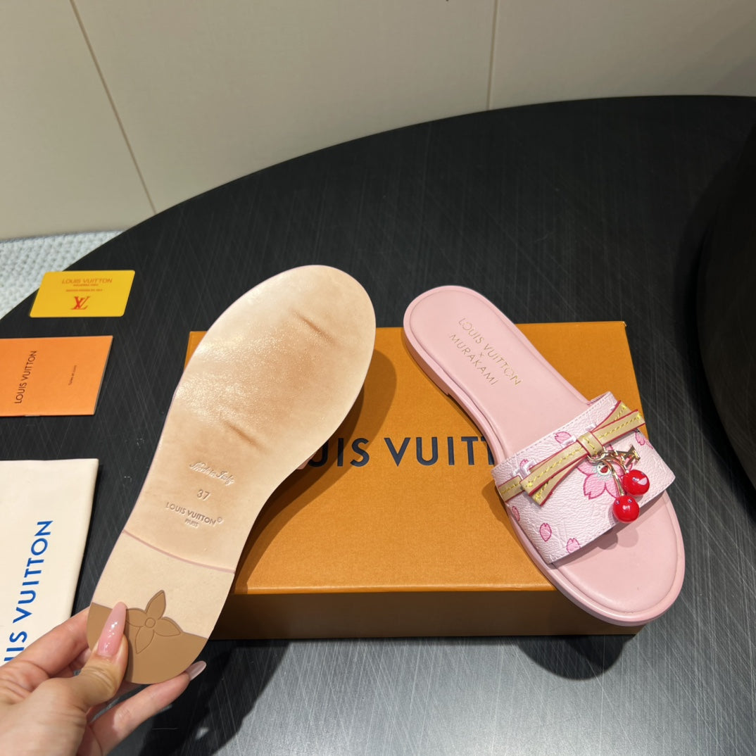 LOUIS VUITTON LV SLIDE SANDALS 25S IN LIGHT PINK CALFSKIN WITH CHERRY BLOSSOM BUCKLE