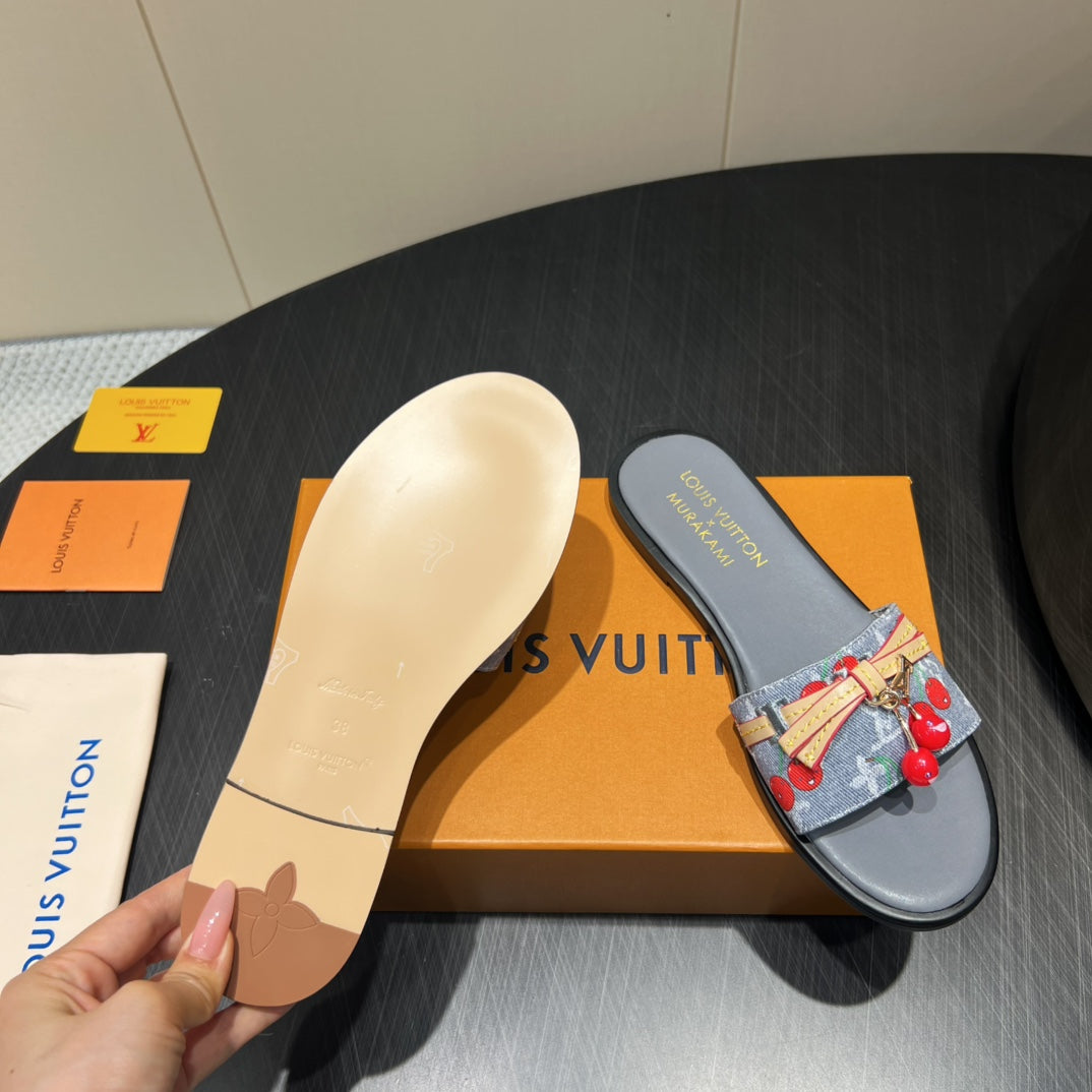 LOUIS VUITTON LV SLIDE SANDALS 25S IN GREY DENIM AND CALFSKIN WITH CHERRY BLOSSOM BUCKLE