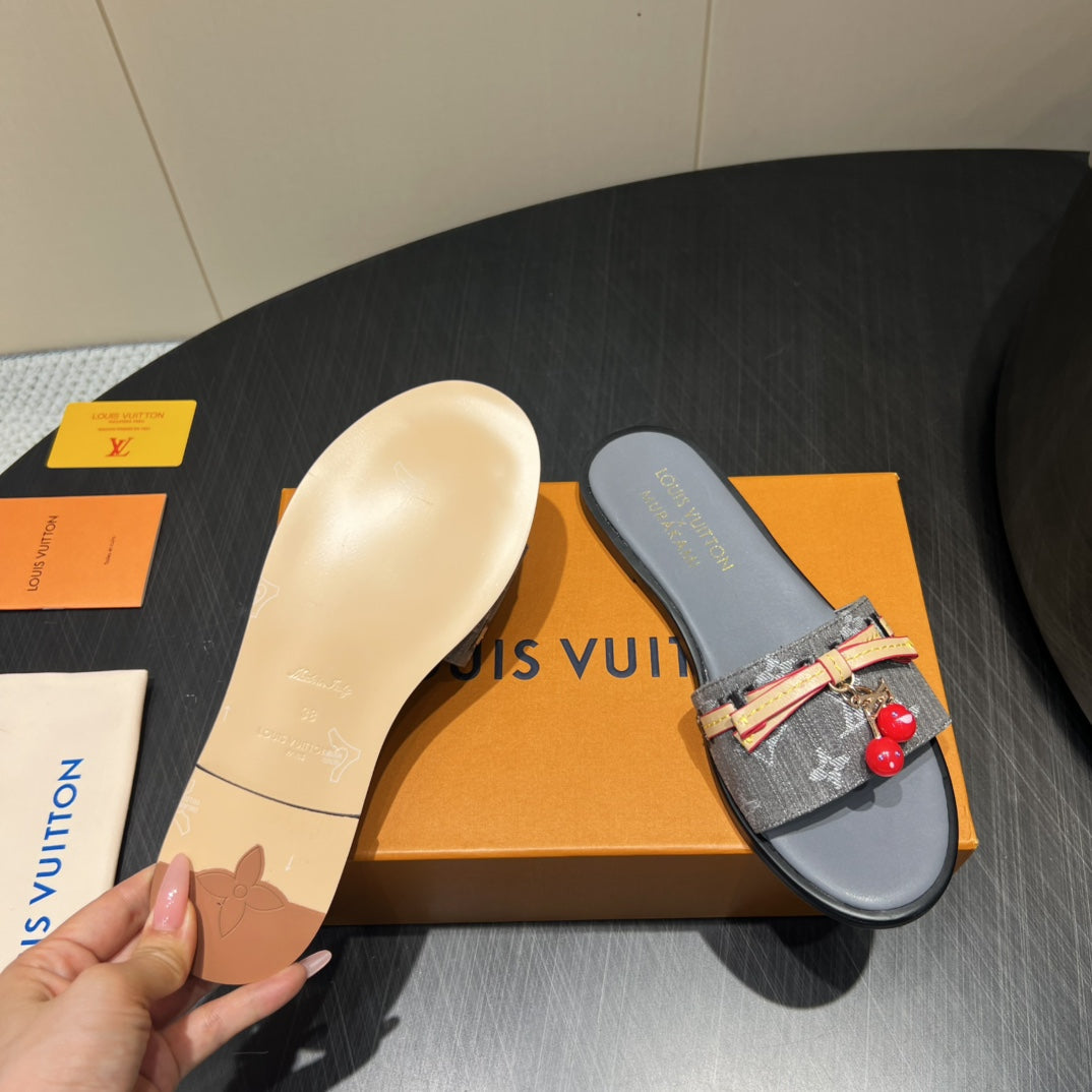 LOUIS VUITTON LV SLIDE SANDALS 25S IN DARK GREY DENIM AND CALFSKIN WITH CHERRY BLOSSOM BUCKLE