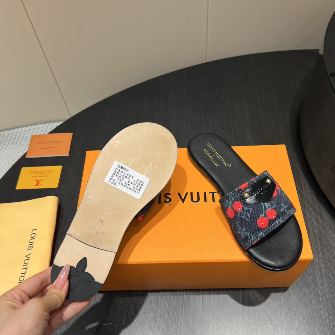LOUIS VUITTON LV SLIDE SANDALS 25S IN BLACK DENIM AND CALFSKIN WITH LOGO PRINT