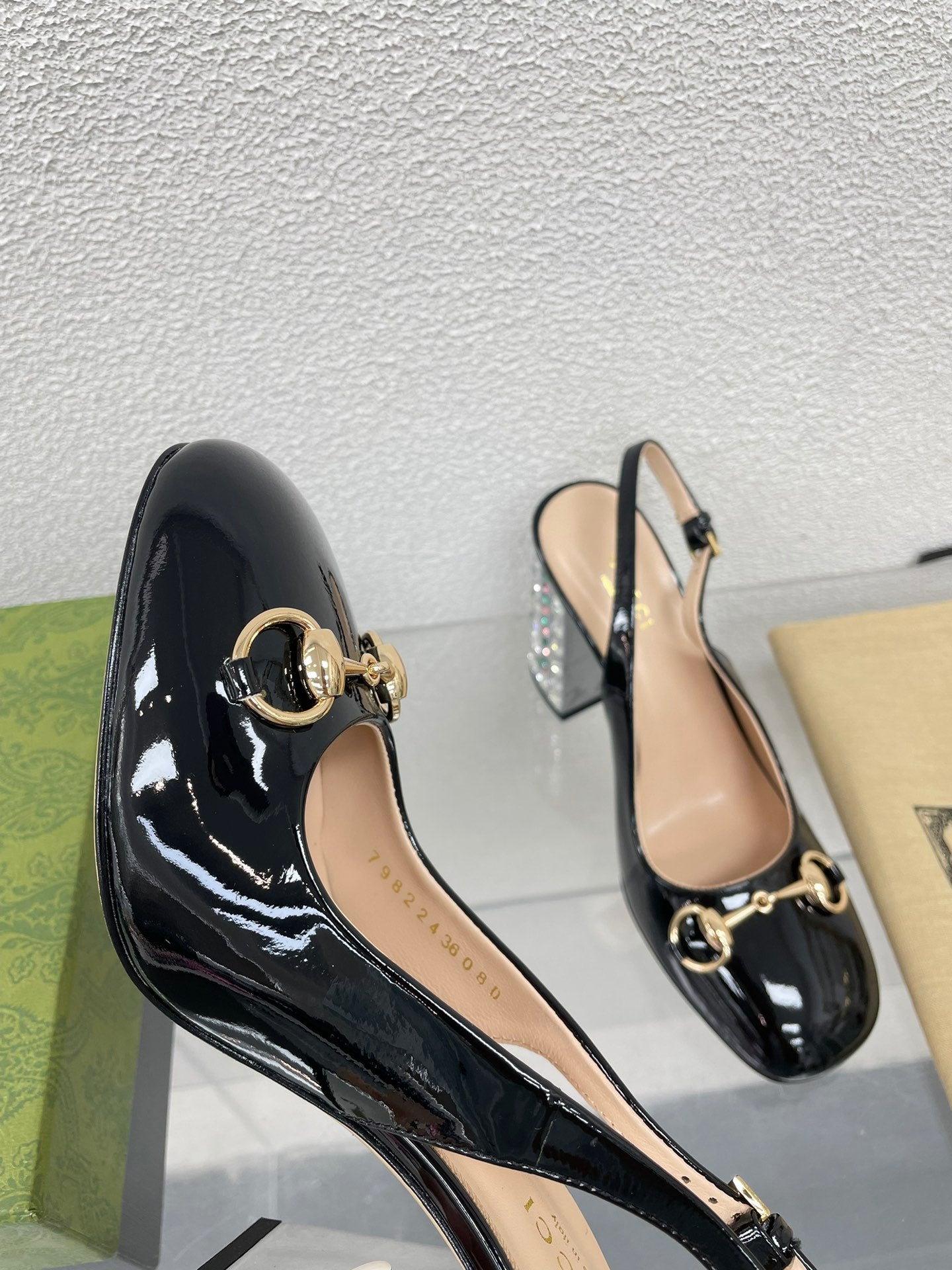 GUCCI WOMEN'S HORSEBIT SLINGBACK 95MM IN BLACK CALFSKIN WITH RHINSTONES