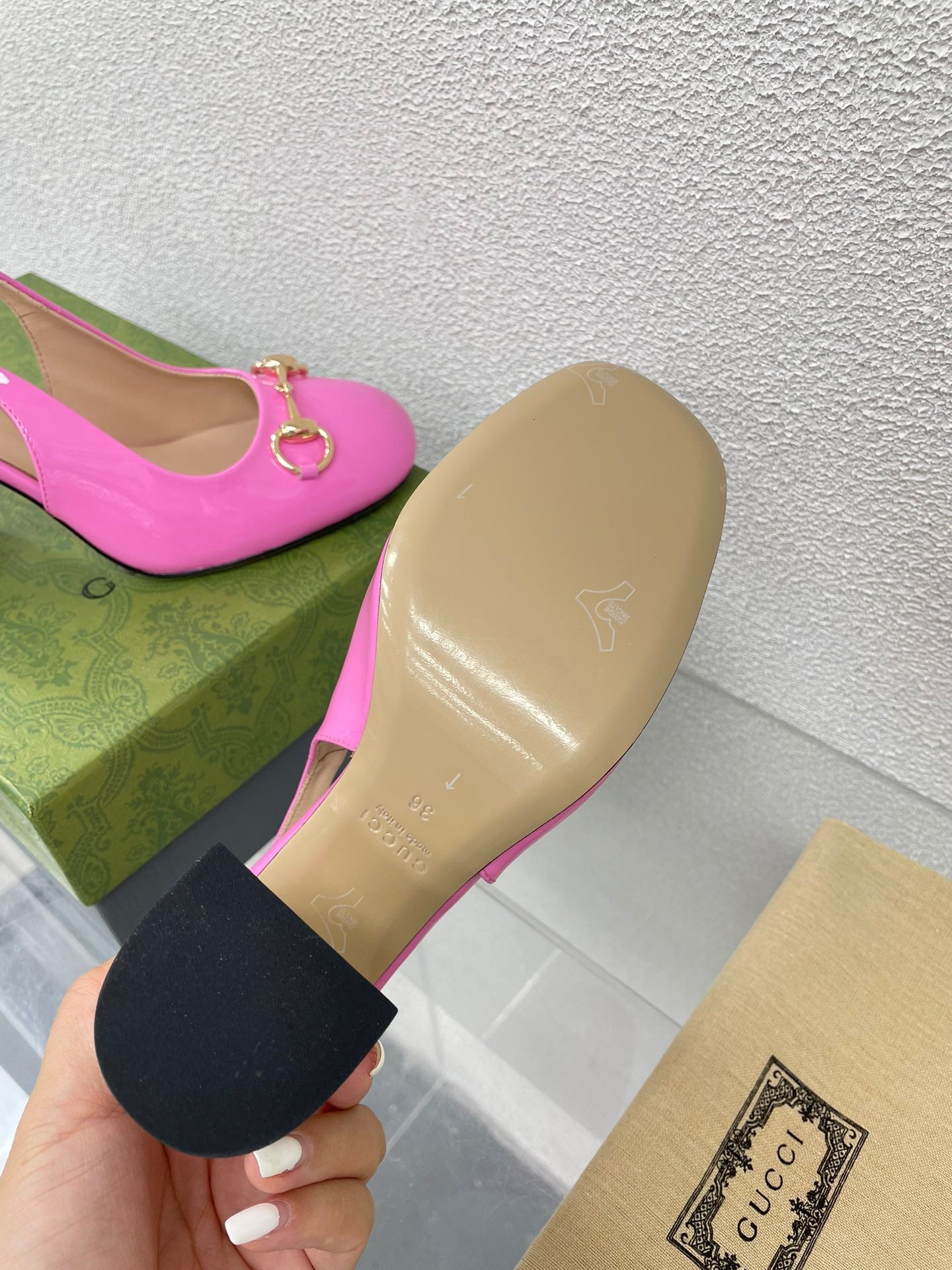 GUCCI WOMEN'S HORSEBIT SLINGBACK 95MM IN FUSICA PINK CALFSKIN WITH RHINSTONES