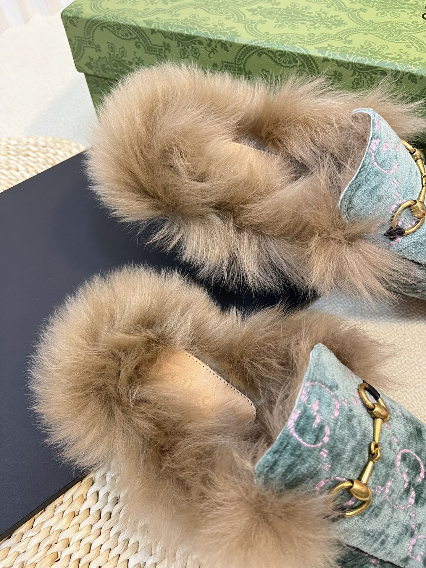 GUCCI HORSEBIT MULE IN TURQUOISE MONOGRAM VELVET AND LAMB WOOL LINING