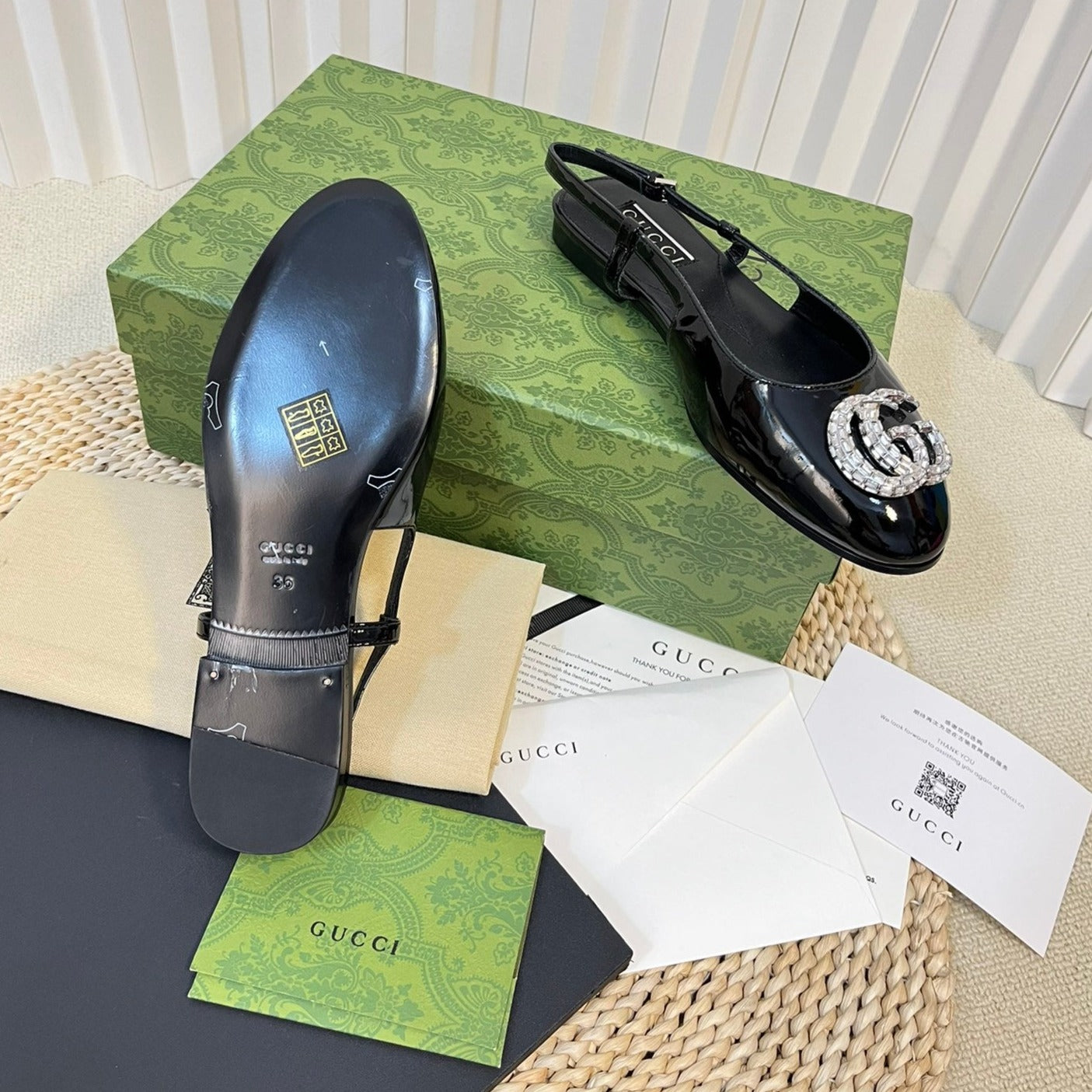 GUCCI Double G patent leather slingback ballet flats Glossy Black