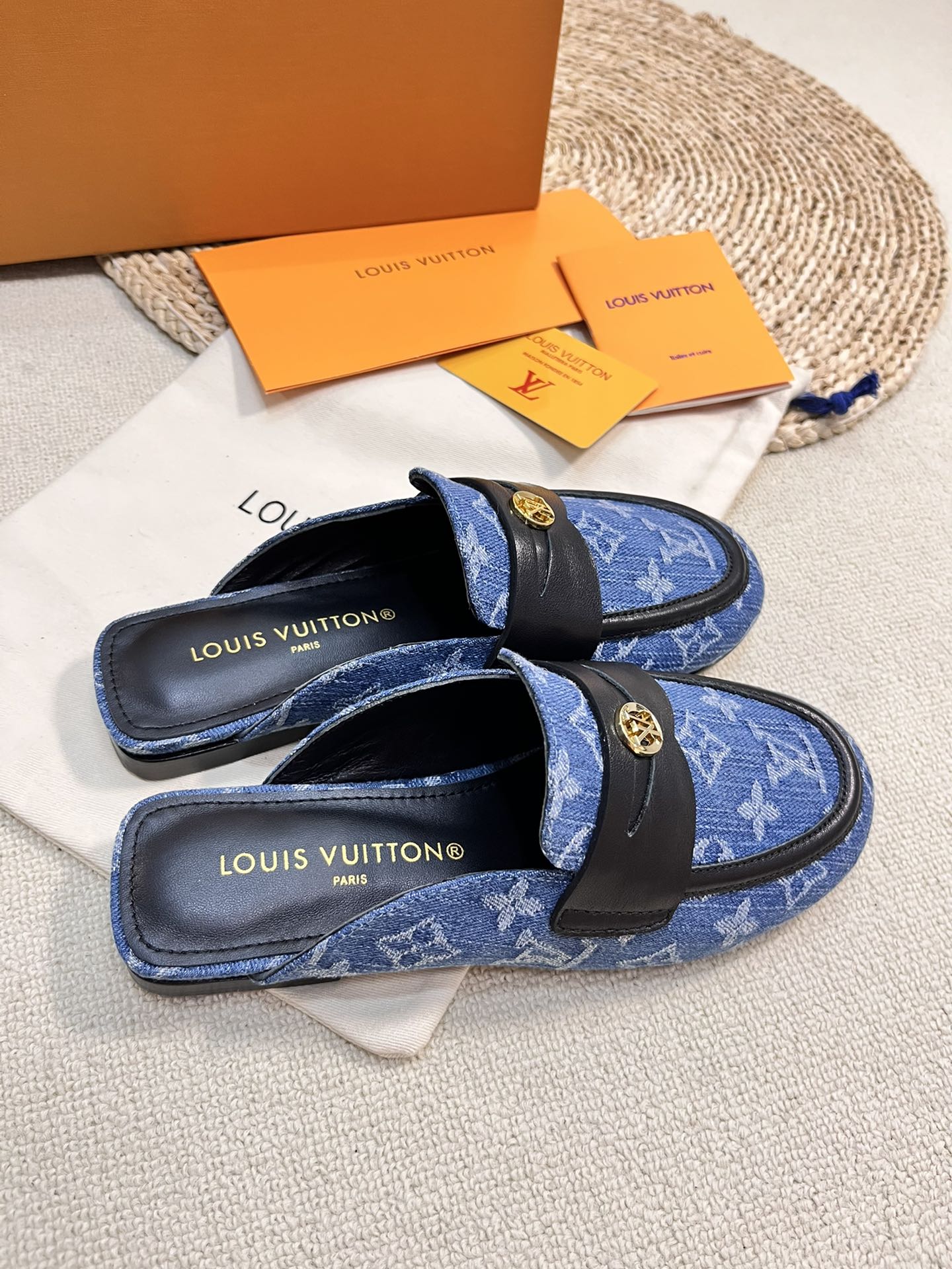 LOUIS VUITTON LV CAPRI OPEN BACK LOAFERS IN COBALT BLUE MONOGRAM DENIM