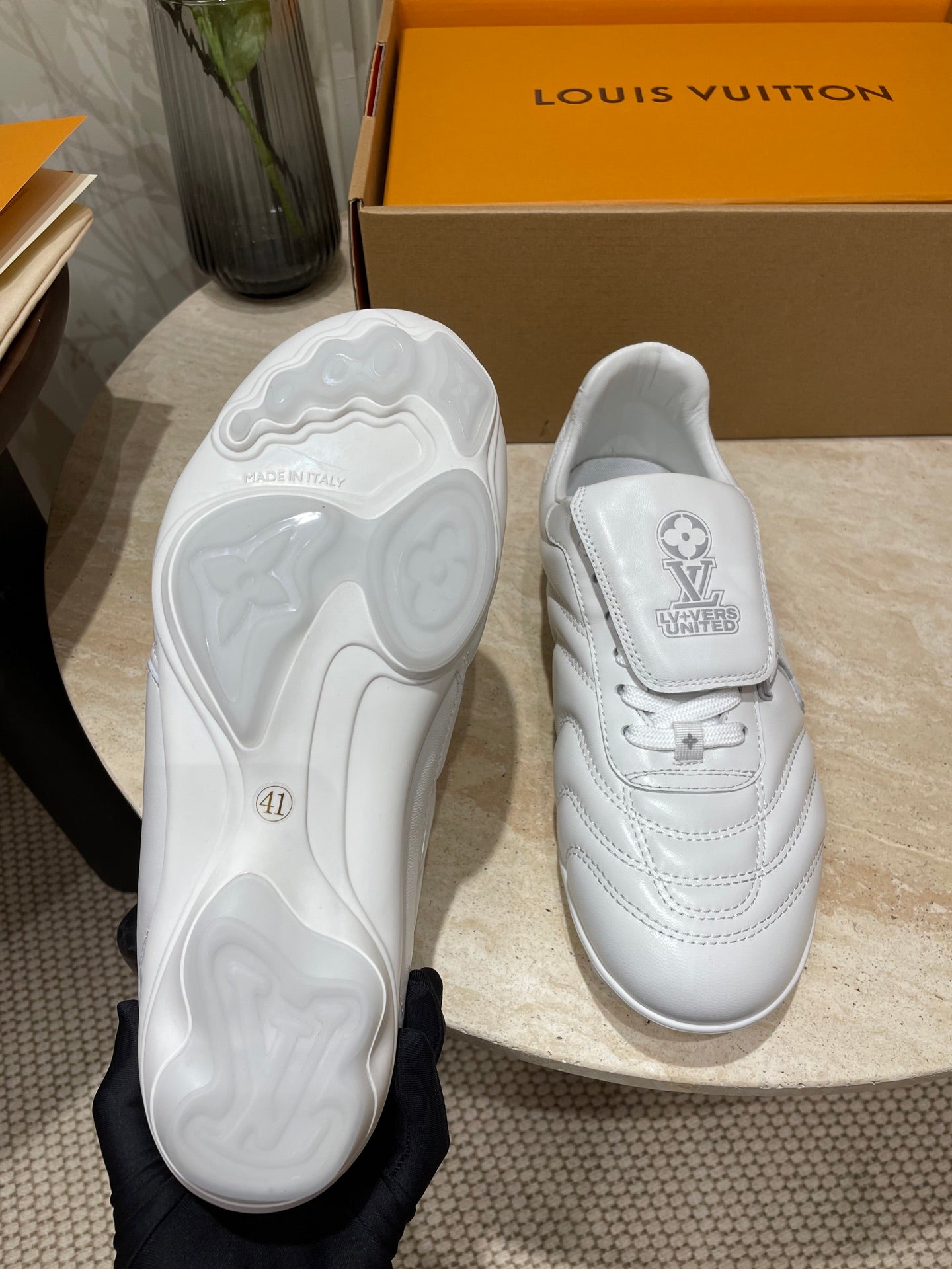 LOUIS VUITTON FOOTPRINT SOCCER SNEAKER IN WHITE CALFSKIN