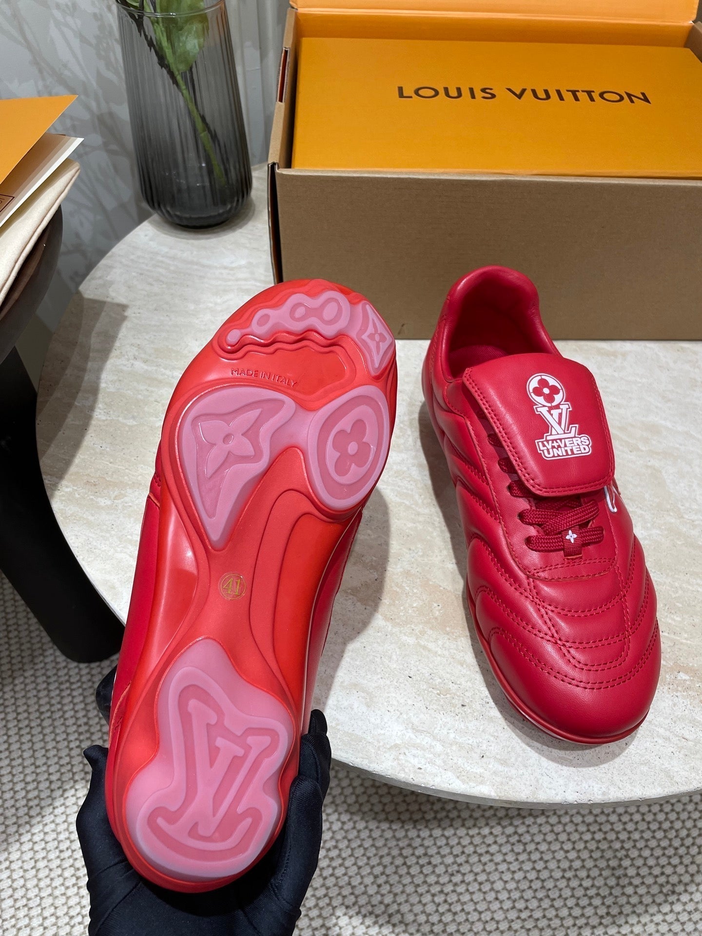 LOUIS VUITTON FOOTPRINT SOCCER SNEAKER IN CHERRY RED CALFSKIN
