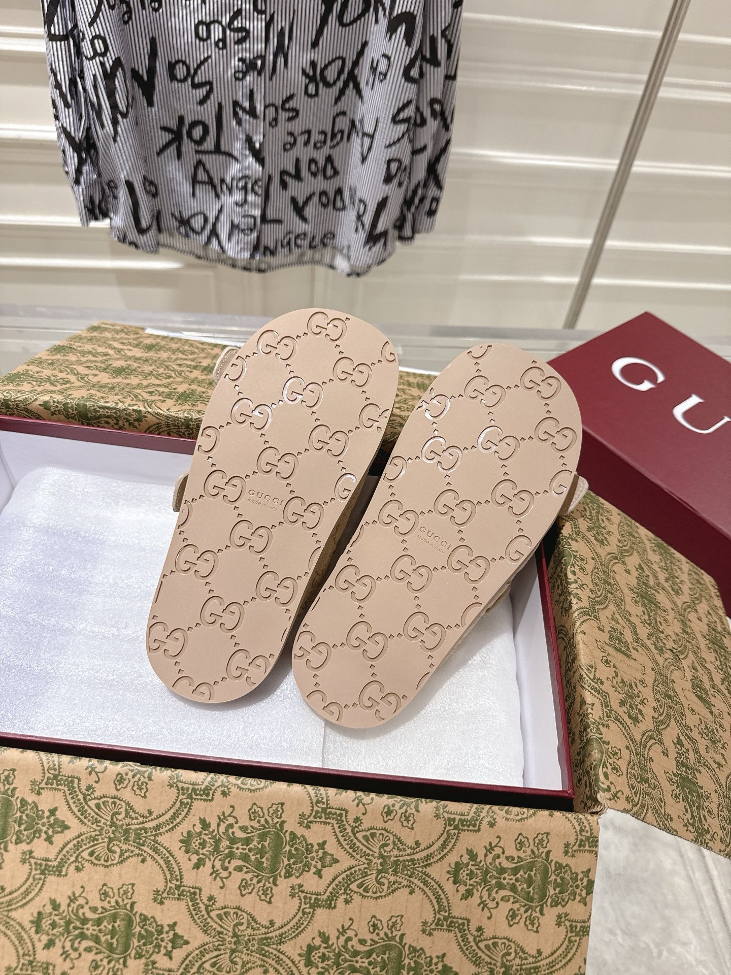 GUCCI SANDALS IN NUDE BEIGE SUEDE EMBOSSED LOGO SILVER HARDWARE