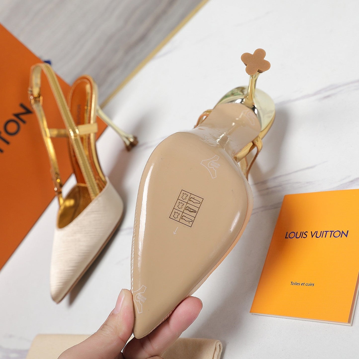 LOUIS VUITTON LV WOMEN BLOSSOM SLINGBACK PUMP IN GOLDEN EMBROIDERED FABRIC