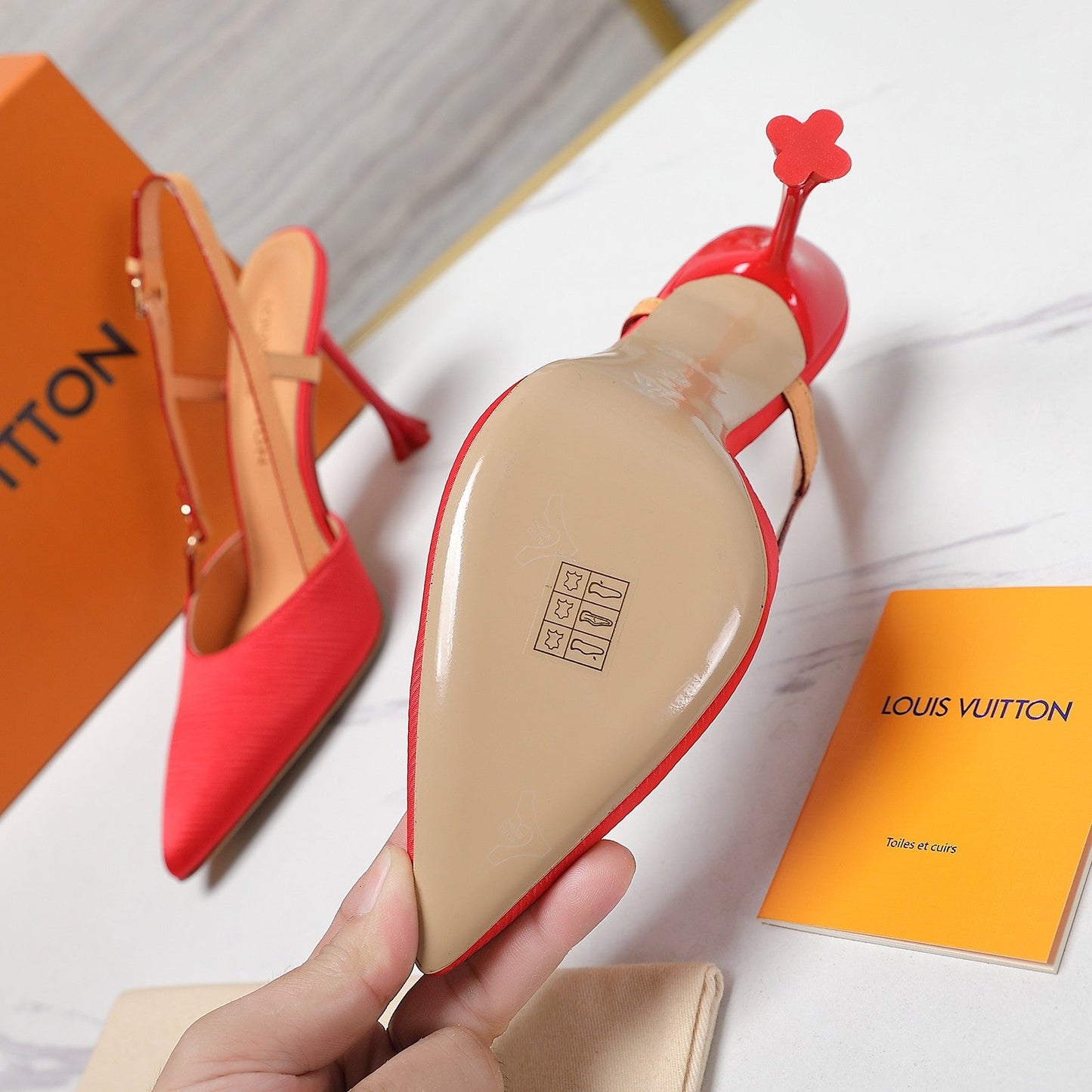 LOUIS VUITTON LV WOMEN BLOSSOM SLINGBACK PUMP IN CHERRY RED EMBROIDERED FABRIC