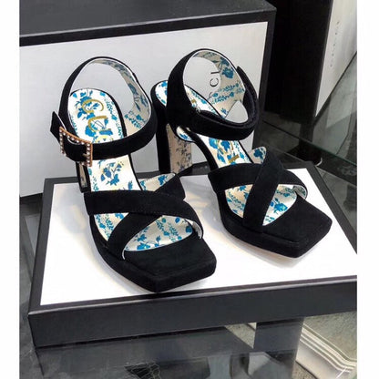 GUCCI HIGH SANDAL BLACK SUEDE WITH PATTERNS