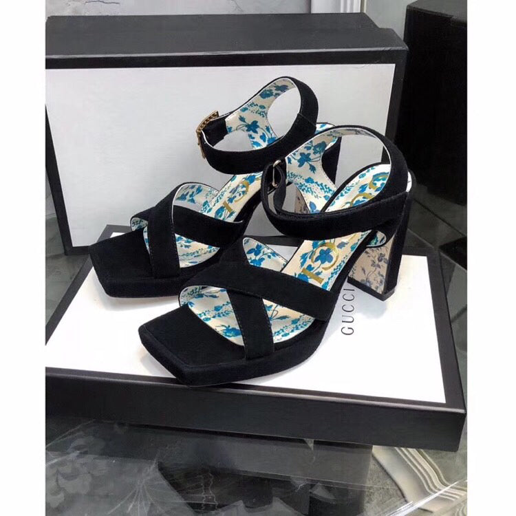 GUCCI HIGH SANDAL BLACK SUEDE WITH PATTERNS