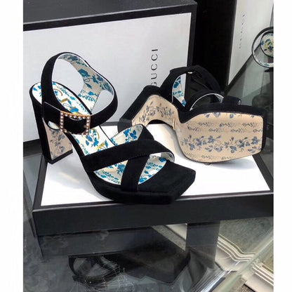 GUCCI HIGH SANDAL BLACK SUEDE WITH PATTERNS